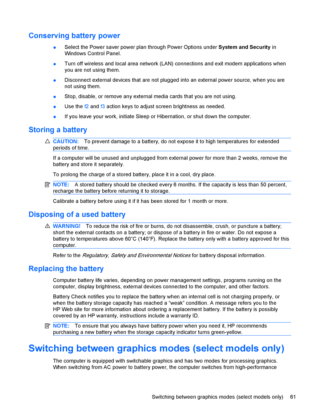 HP dm4-1160us, dm4-1162us Switching between graphics modes select models only, Conserving battery power, Storing a battery 