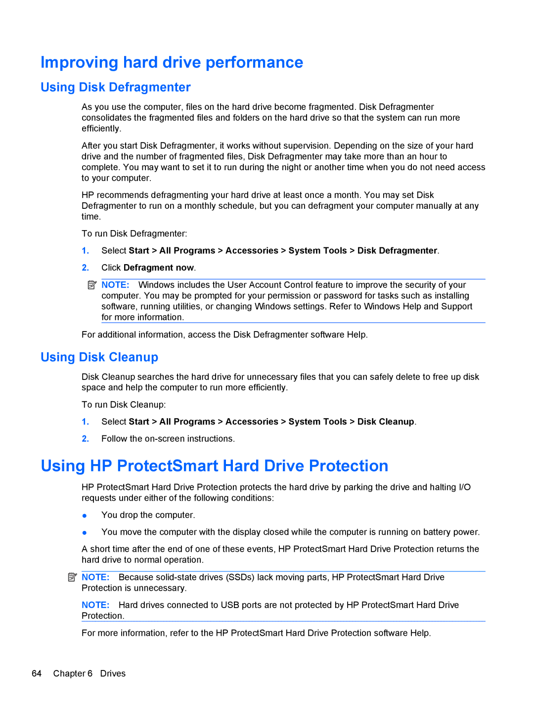 HP dm4-1162us manual Improving hard drive performance, Using HP ProtectSmart Hard Drive Protection, Using Disk Defragmenter 