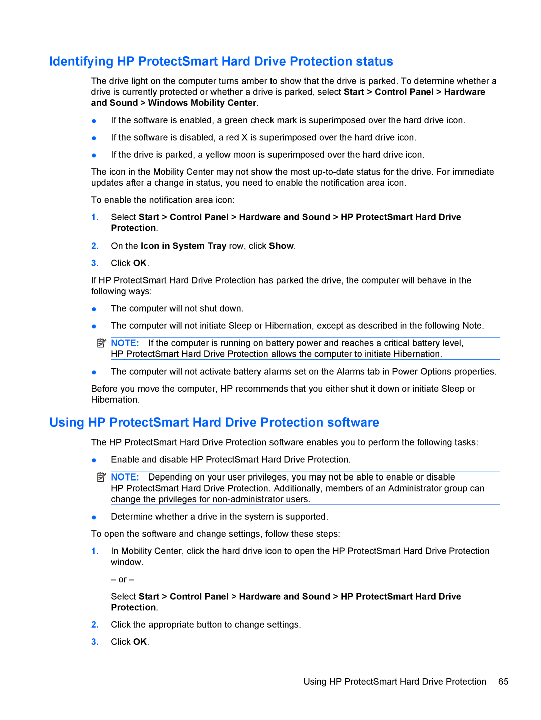 HP dm4-1160us, dm4-1162us manual Identifying HP ProtectSmart Hard Drive Protection status 