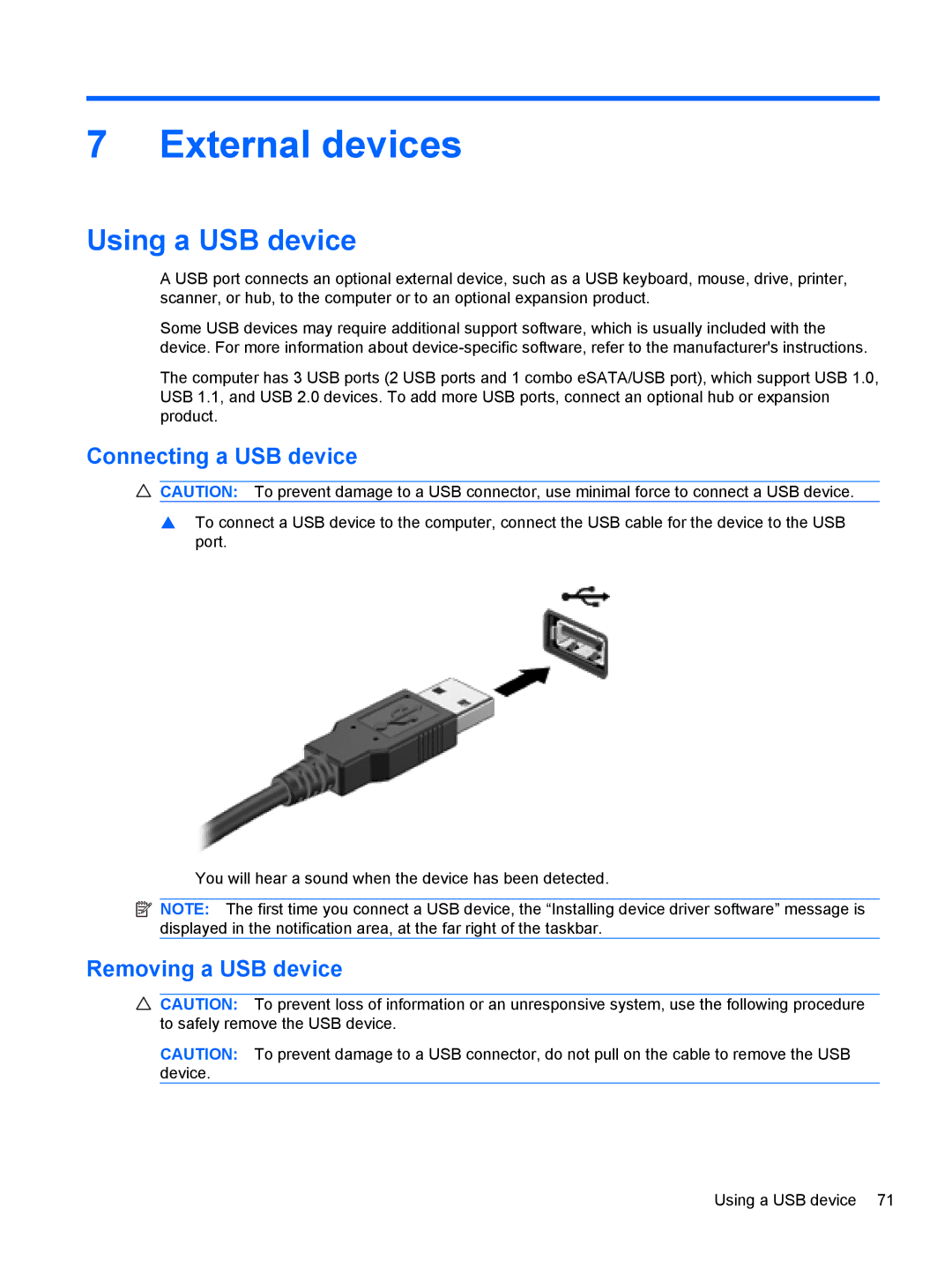 HP dm4-1160us, dm4-1162us manual External devices, Using a USB device, Connecting a USB device, Removing a USB device 