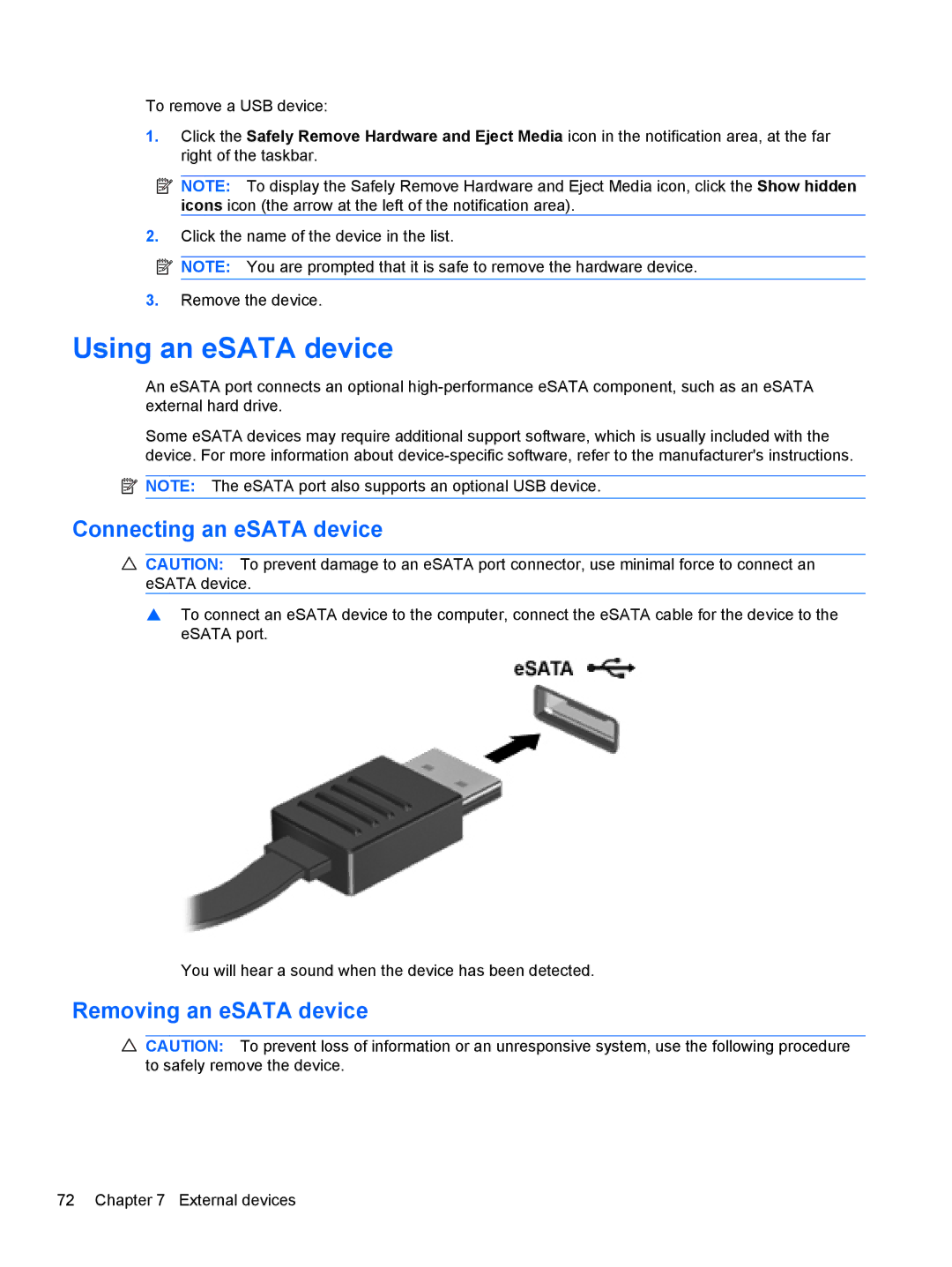 HP dm4-1162us, dm4-1160us manual Using an eSATA device, Connecting an eSATA device, Removing an eSATA device 