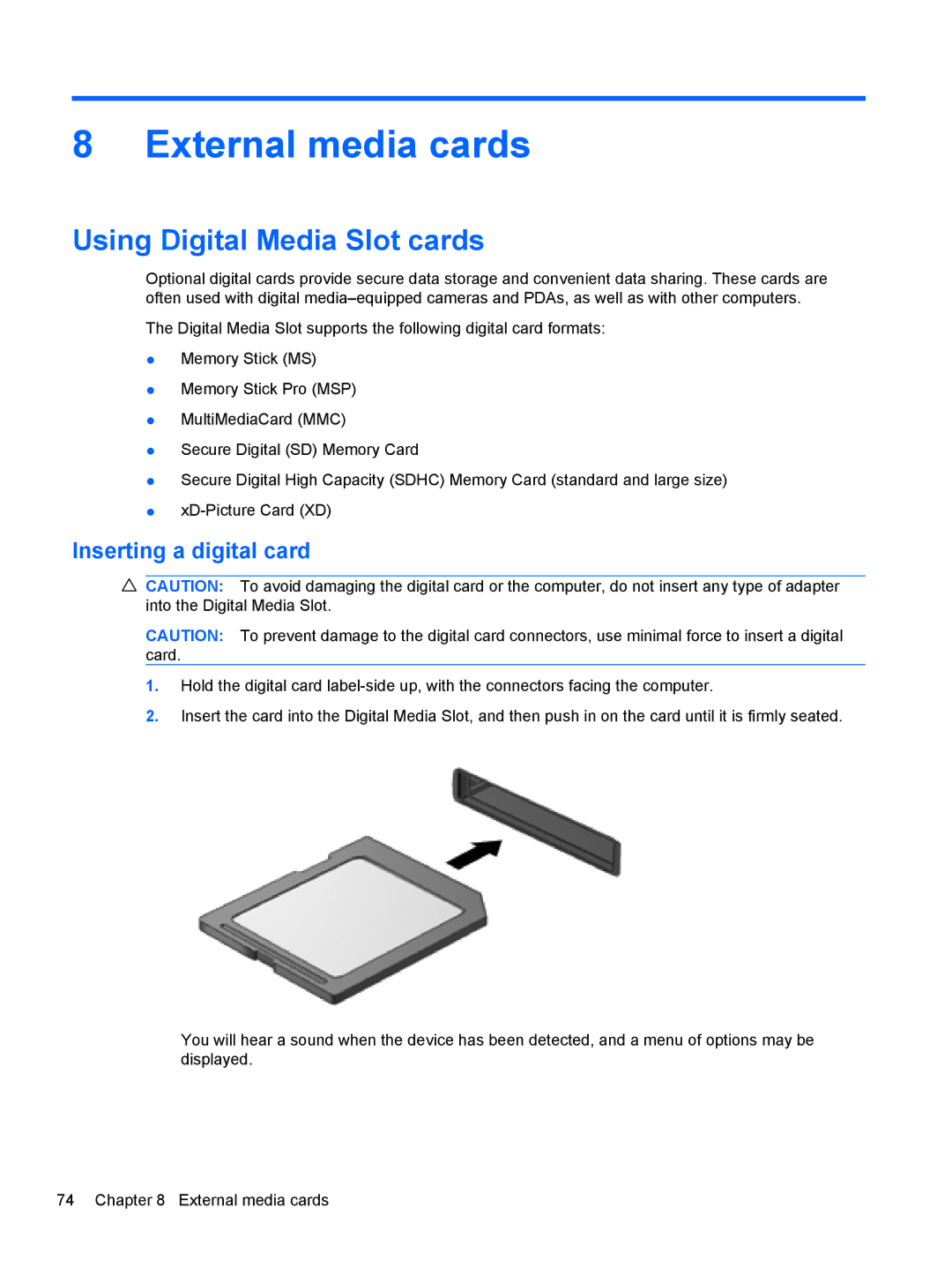 HP dm4-1162us, dm4-1160us manual External media cards, Using Digital Media Slot cards, Inserting a digital card 