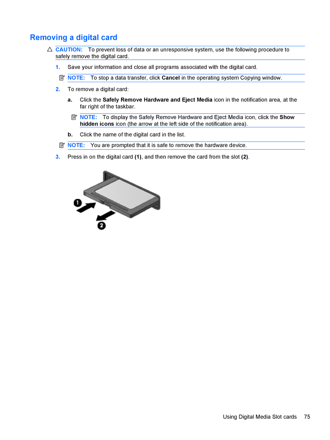 HP dm4-1160us, dm4-1162us manual Removing a digital card 