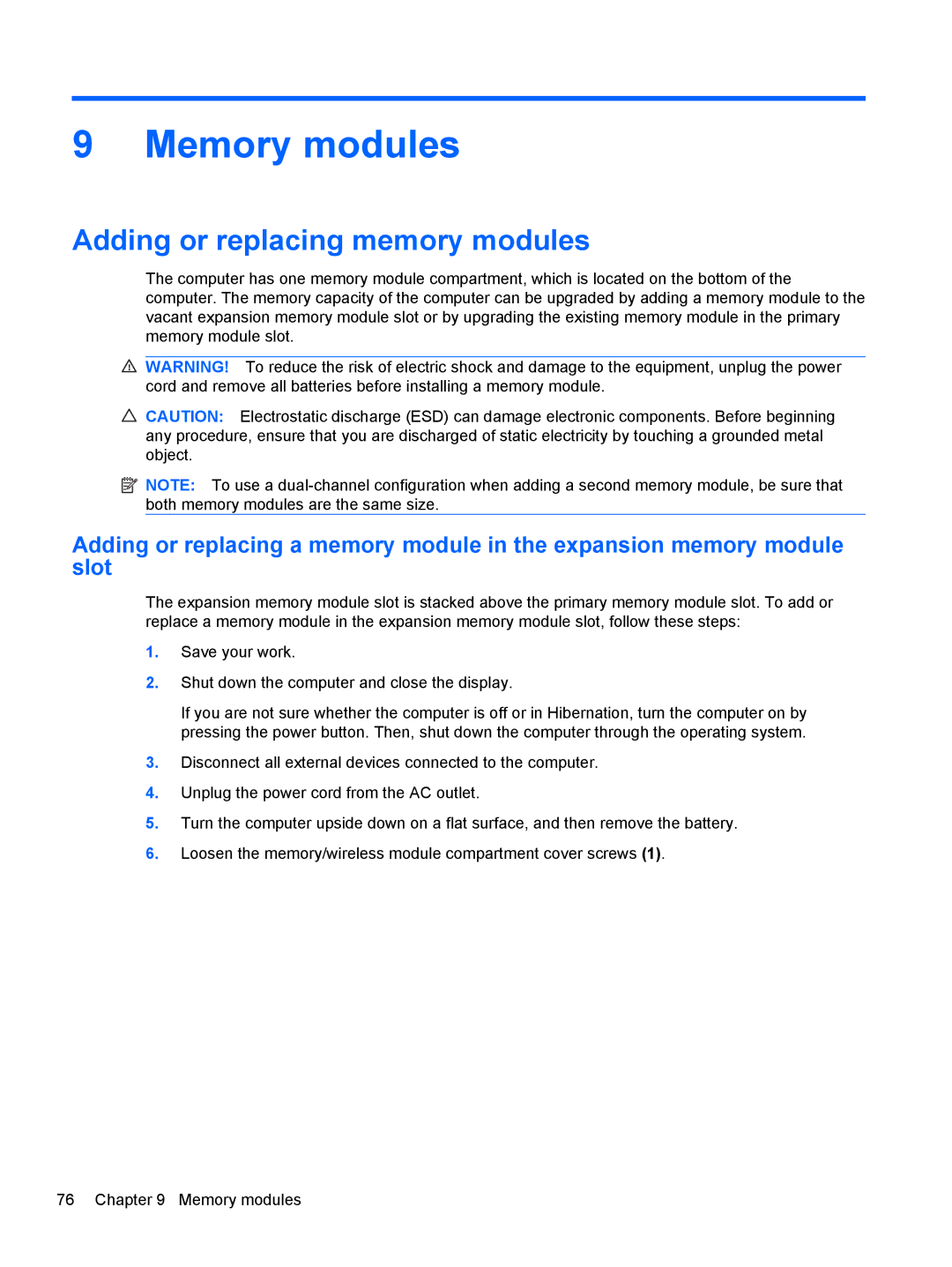 HP dm4-1162us, dm4-1160us manual Memory modules, Adding or replacing memory modules 