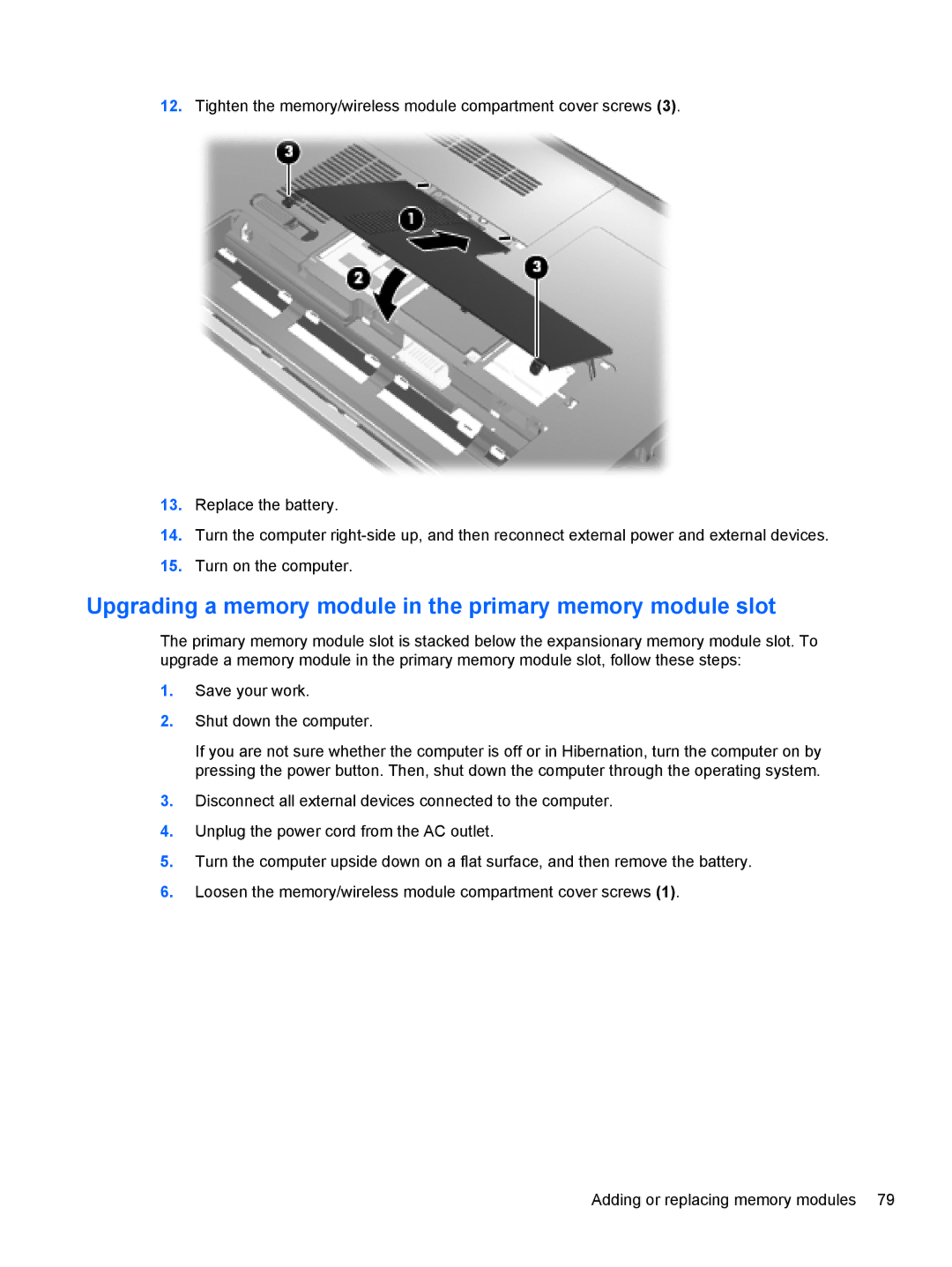 HP dm4-1160us, dm4-1162us manual Upgrading a memory module in the primary memory module slot 