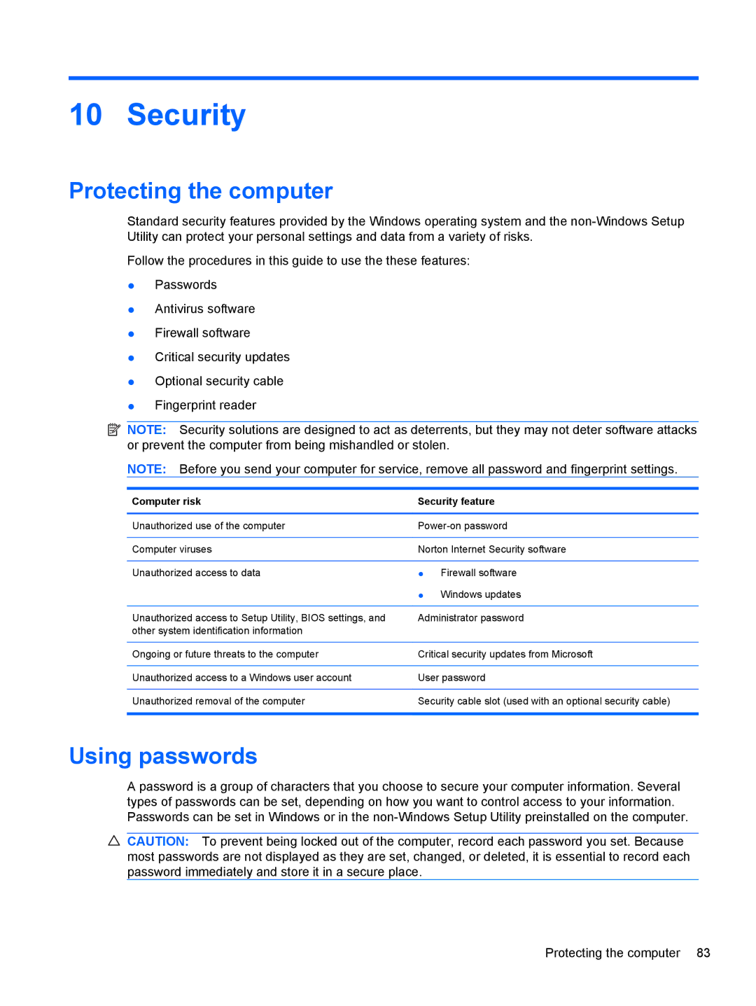 HP dm4-1160us, dm4-1162us manual Protecting the computer, Using passwords, Computer risk Security feature 