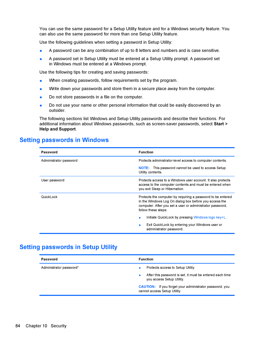 HP dm4-1162us, dm4-1160us manual Setting passwords in Windows, Setting passwords in Setup Utility, Password Function 