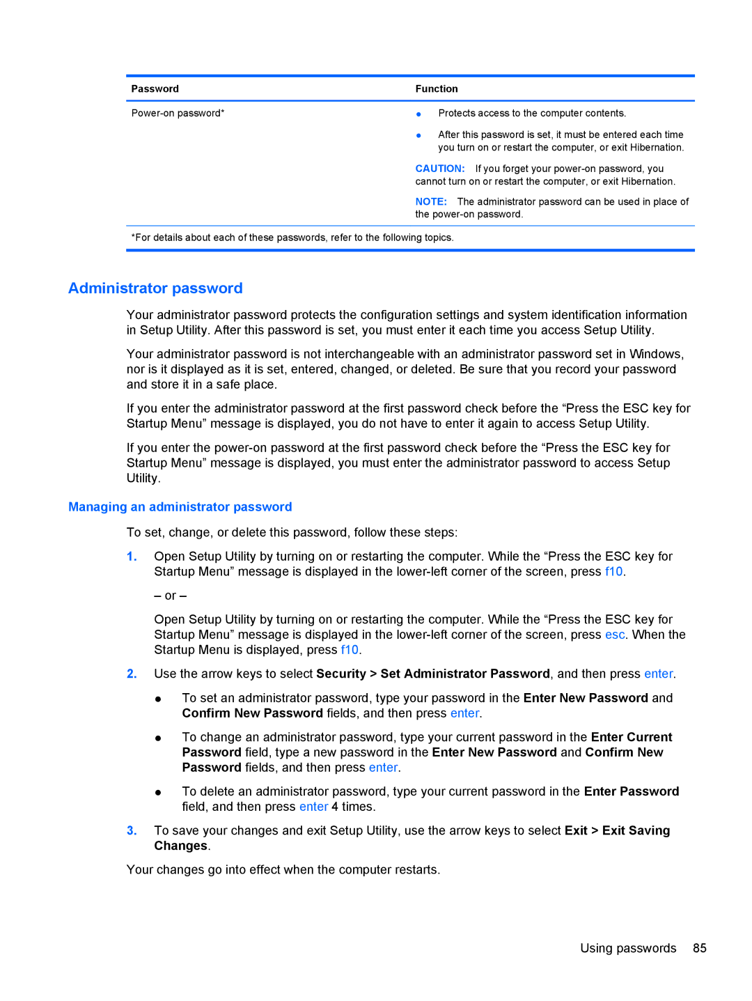 HP dm4-1160us, dm4-1162us manual Administrator password, Managing an administrator password 