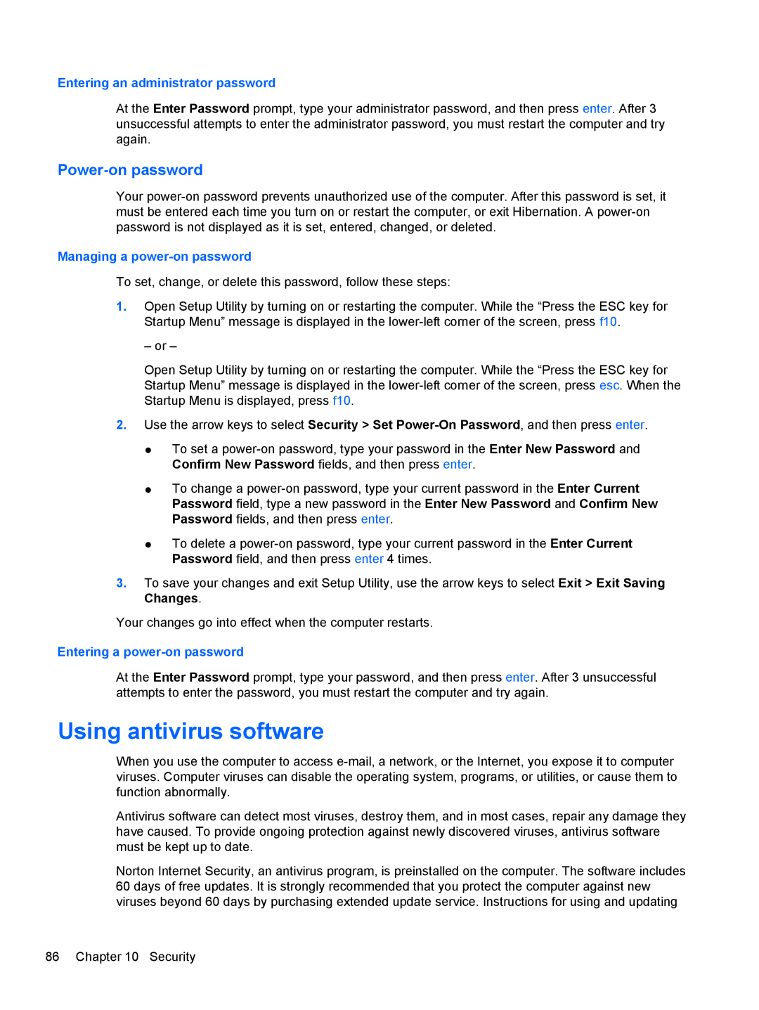 HP dm4-1162us, dm4-1160us manual Using antivirus software, Power-on password 