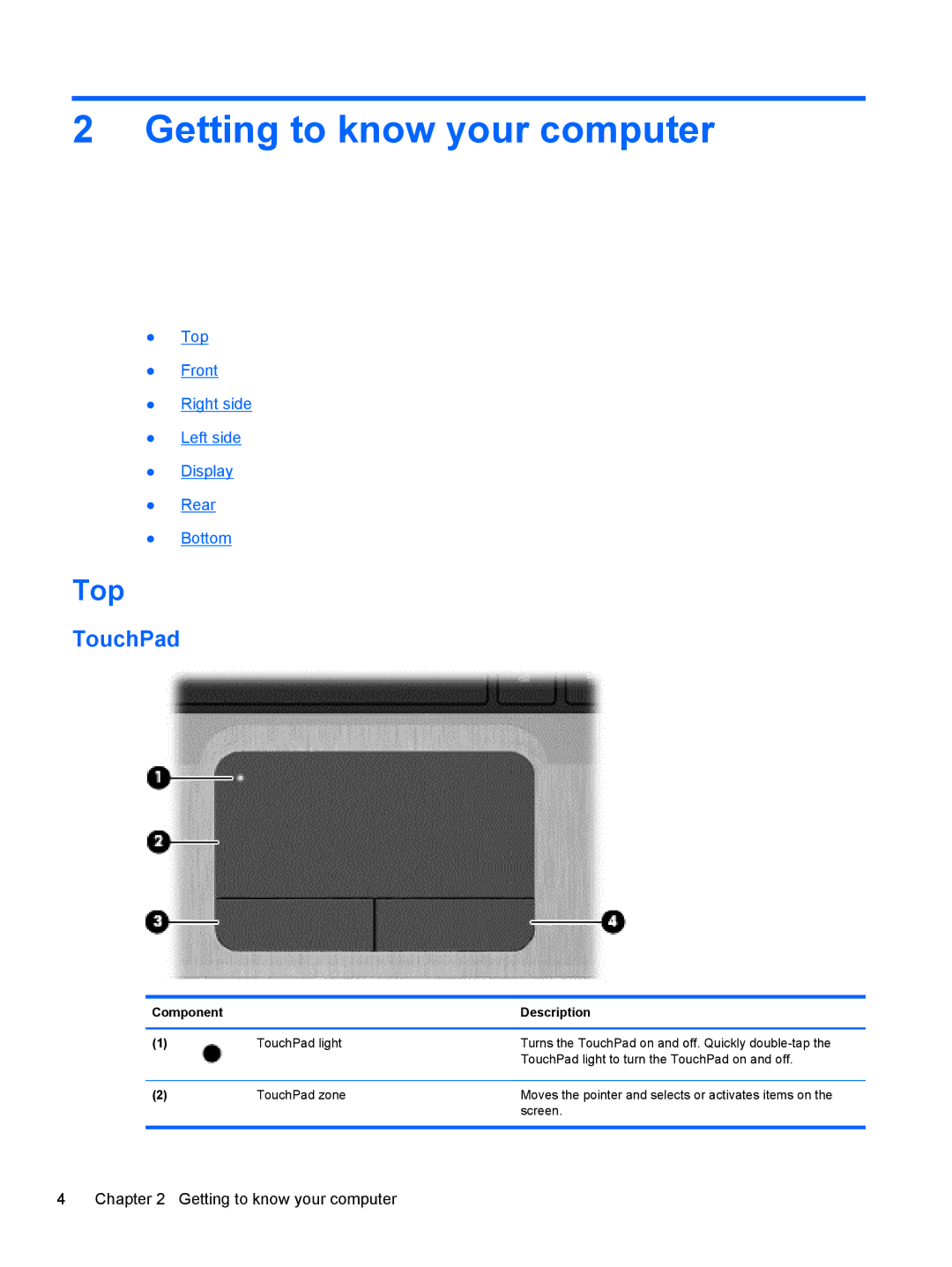 HP Dm4-2070us manual Getting to know your computer, Top, TouchPad 