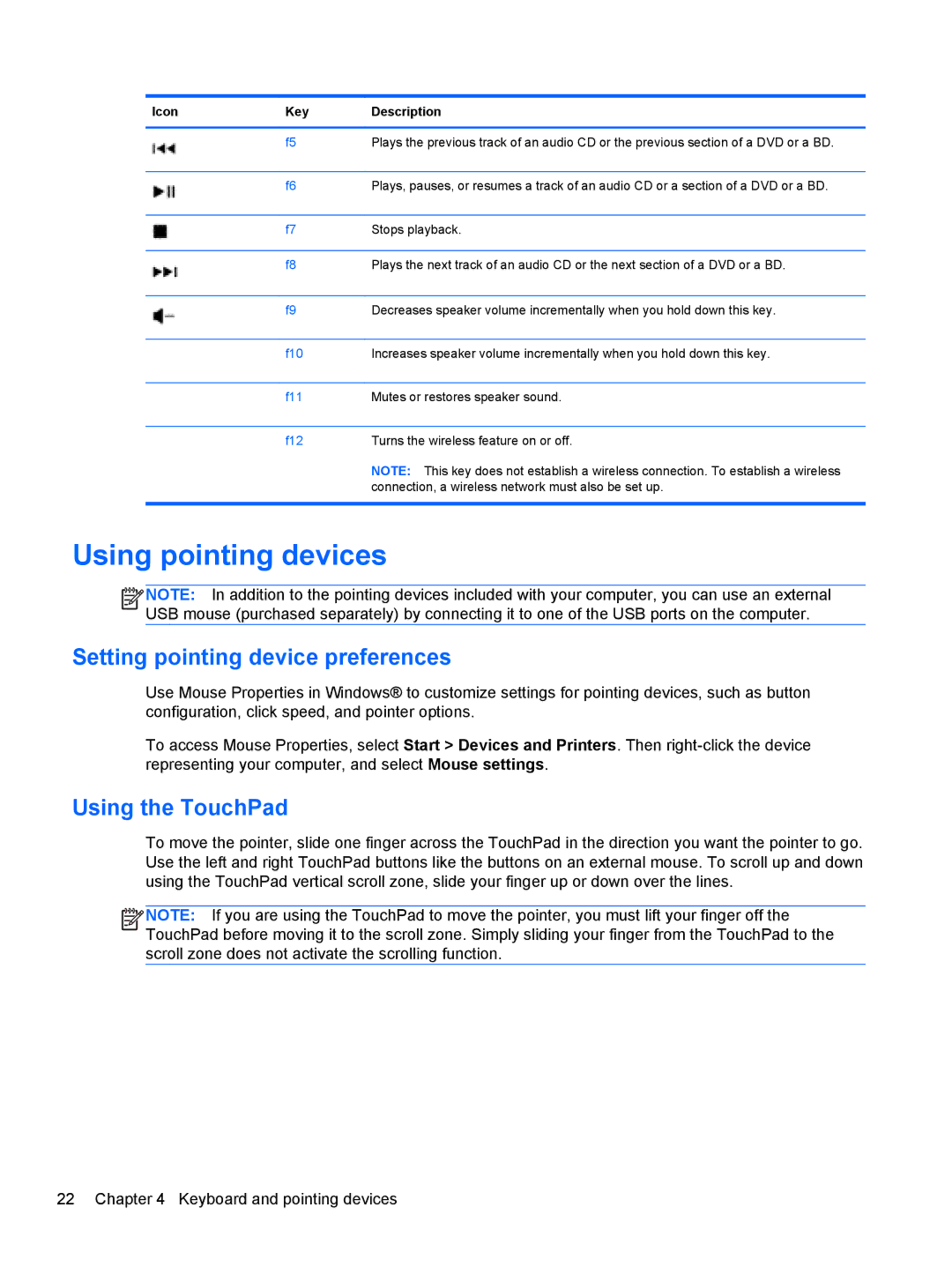 HP Dm4-2070us manual Using pointing devices, Setting pointing device preferences, Using the TouchPad 