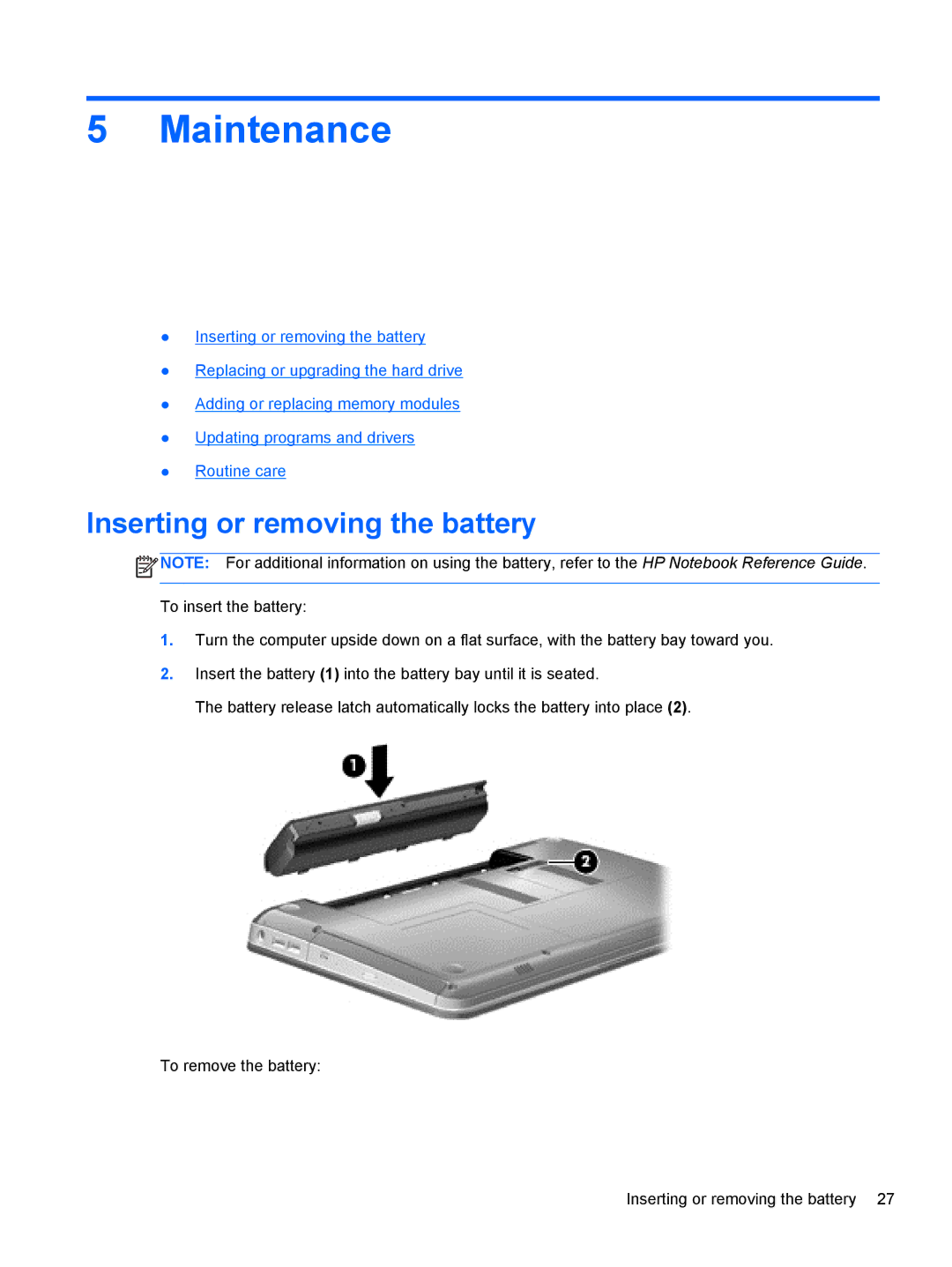 HP Dm4-2070us manual Maintenance, Inserting or removing the battery 