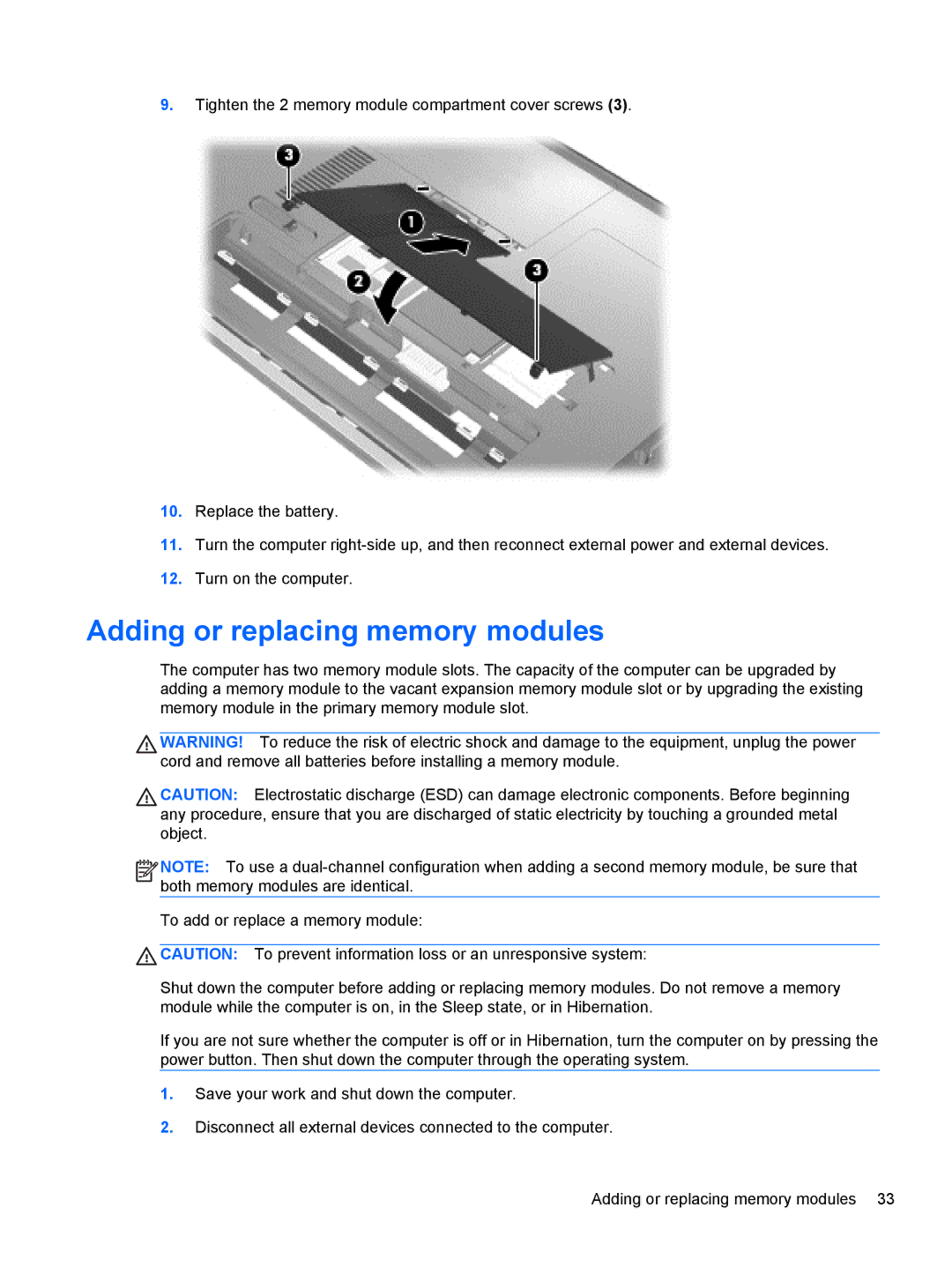 HP Dm4-2070us manual Adding or replacing memory modules 