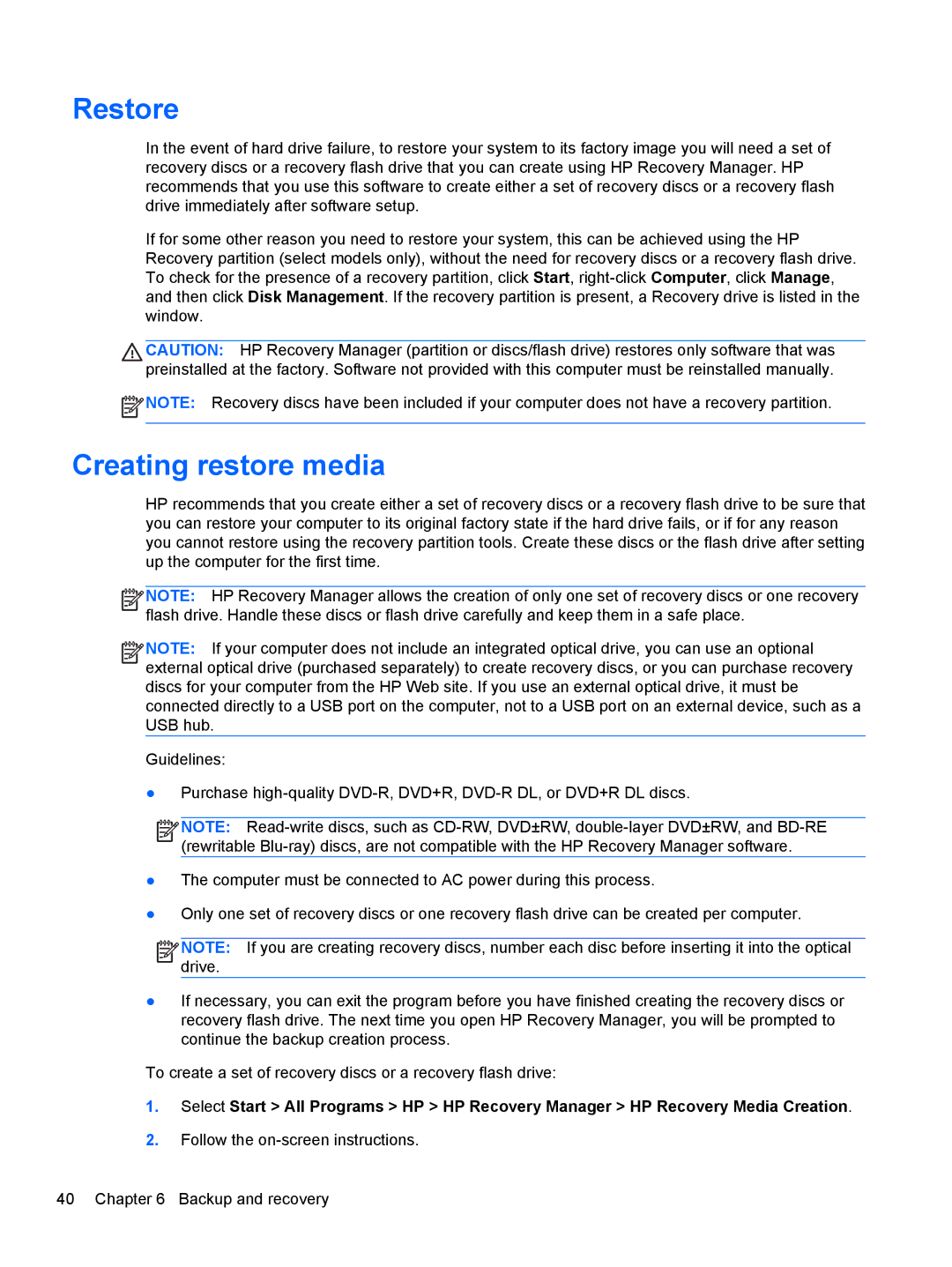 HP Dm4-2070us manual Restore, Creating restore media 