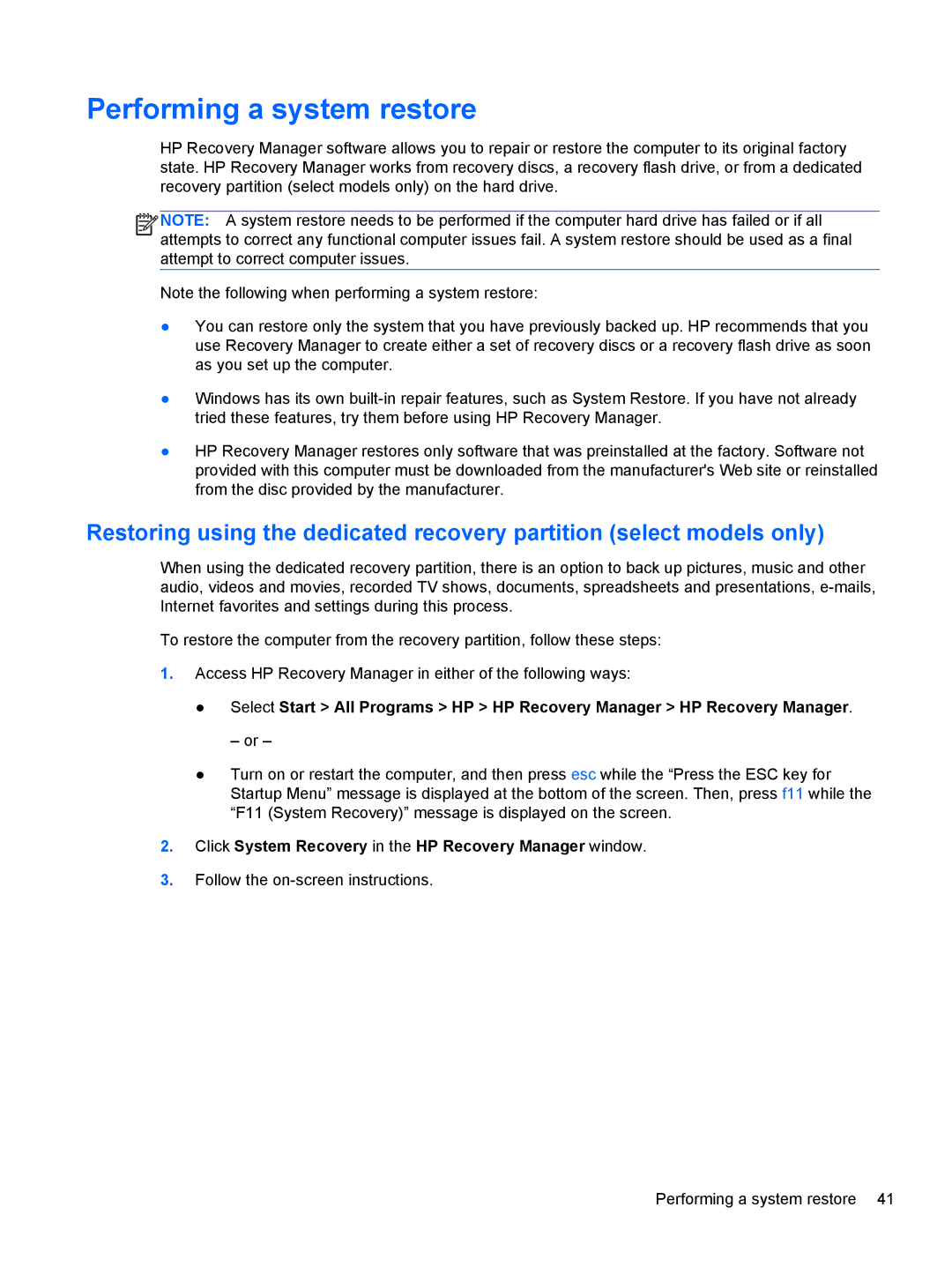 HP Dm4-2070us manual Performing a system restore 