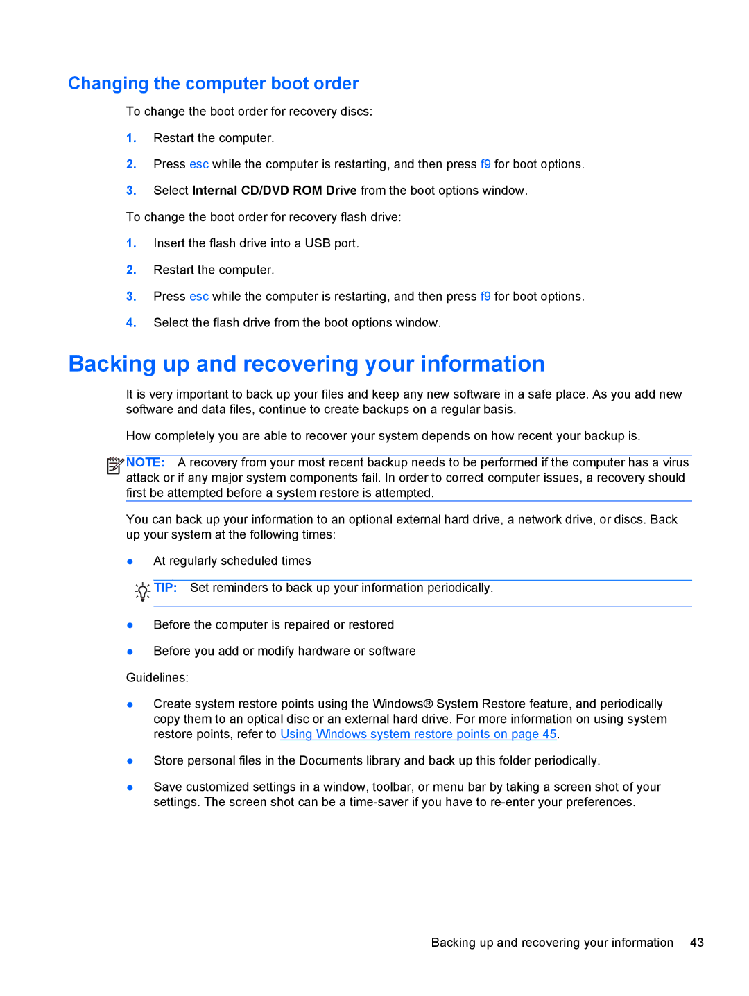 HP Dm4-2070us manual Backing up and recovering your information, Changing the computer boot order 