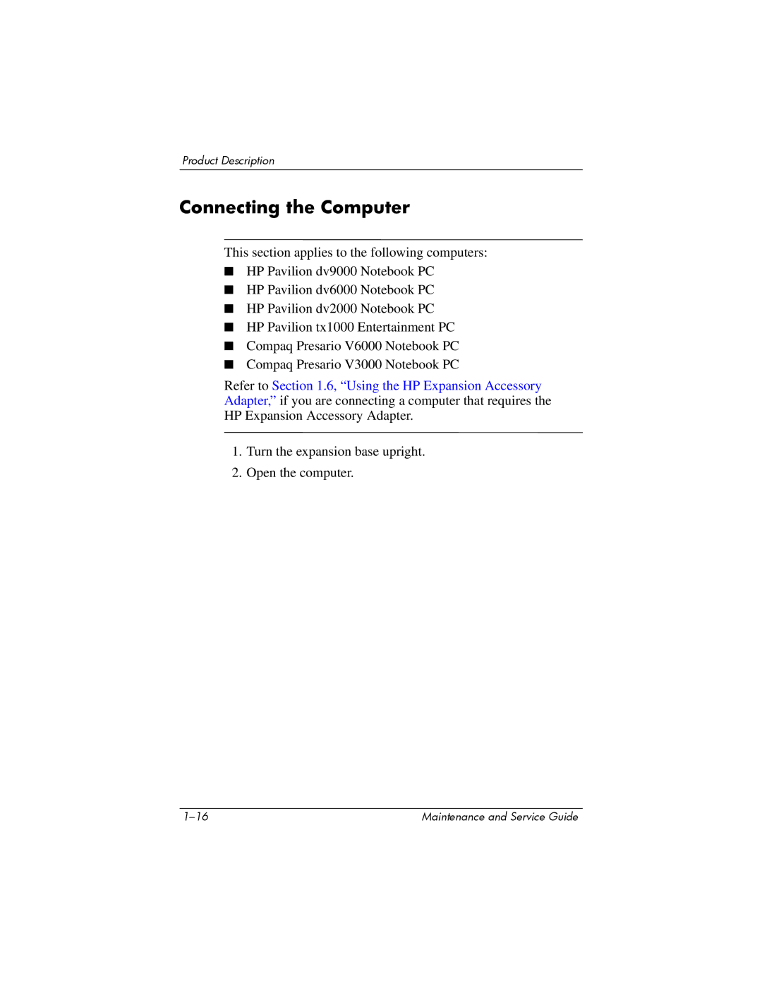 HP Docking Station XB3000 manual Connecting the Computer 