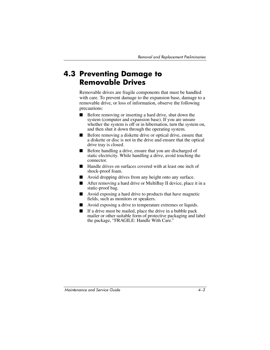 HP Docking Station XB3000 manual Preventing Damage to Removable Drives 