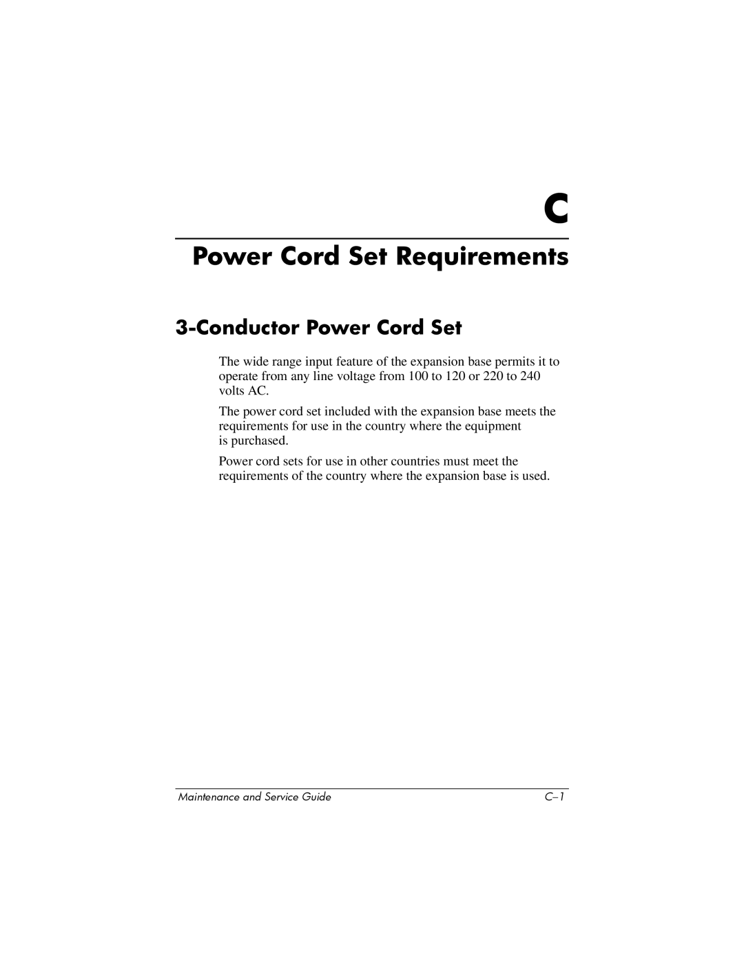 HP Docking Station XB3000 manual Power Cord Set Requirements, Conductor Power Cord Set 