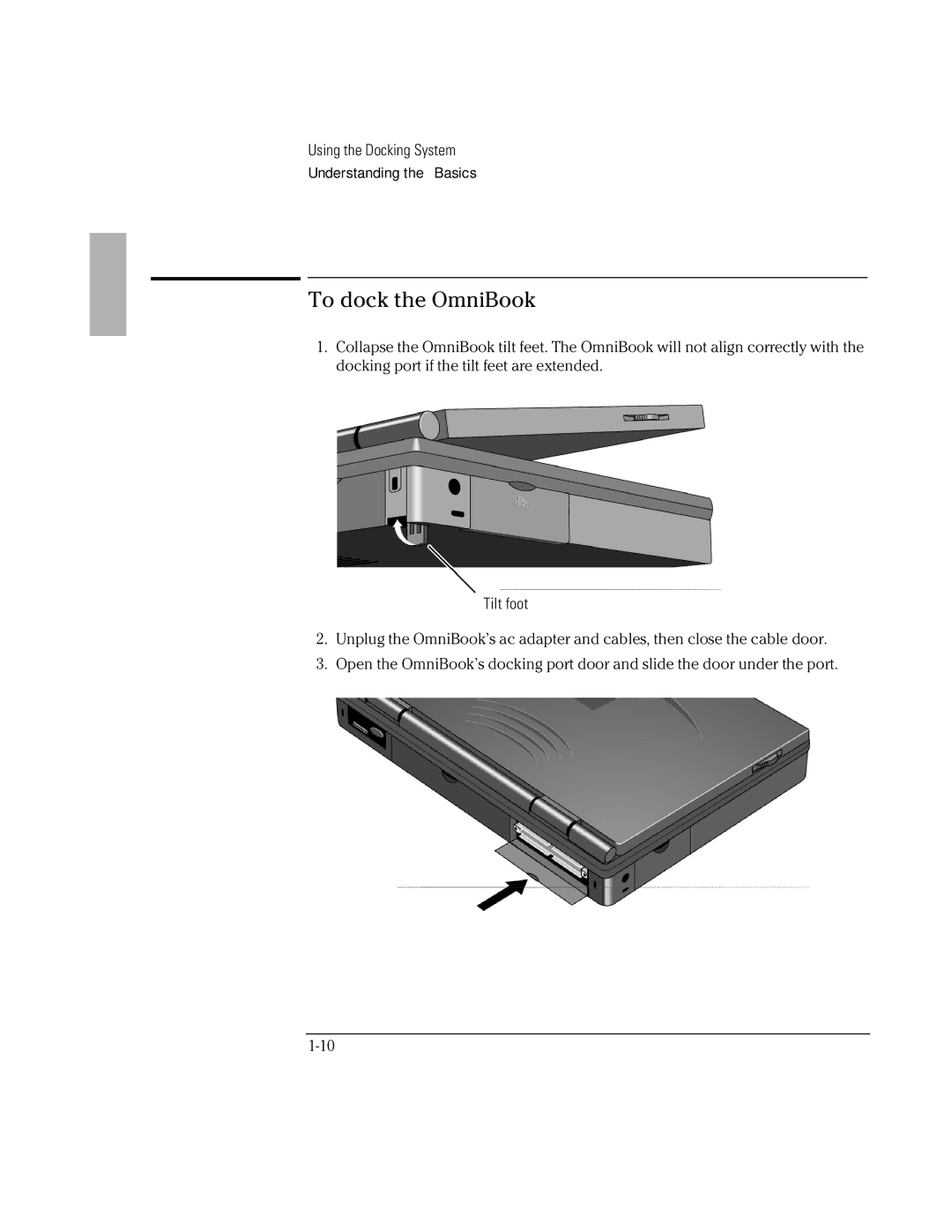 HP Docking System manual To dock the OmniBook, Tilt foot 