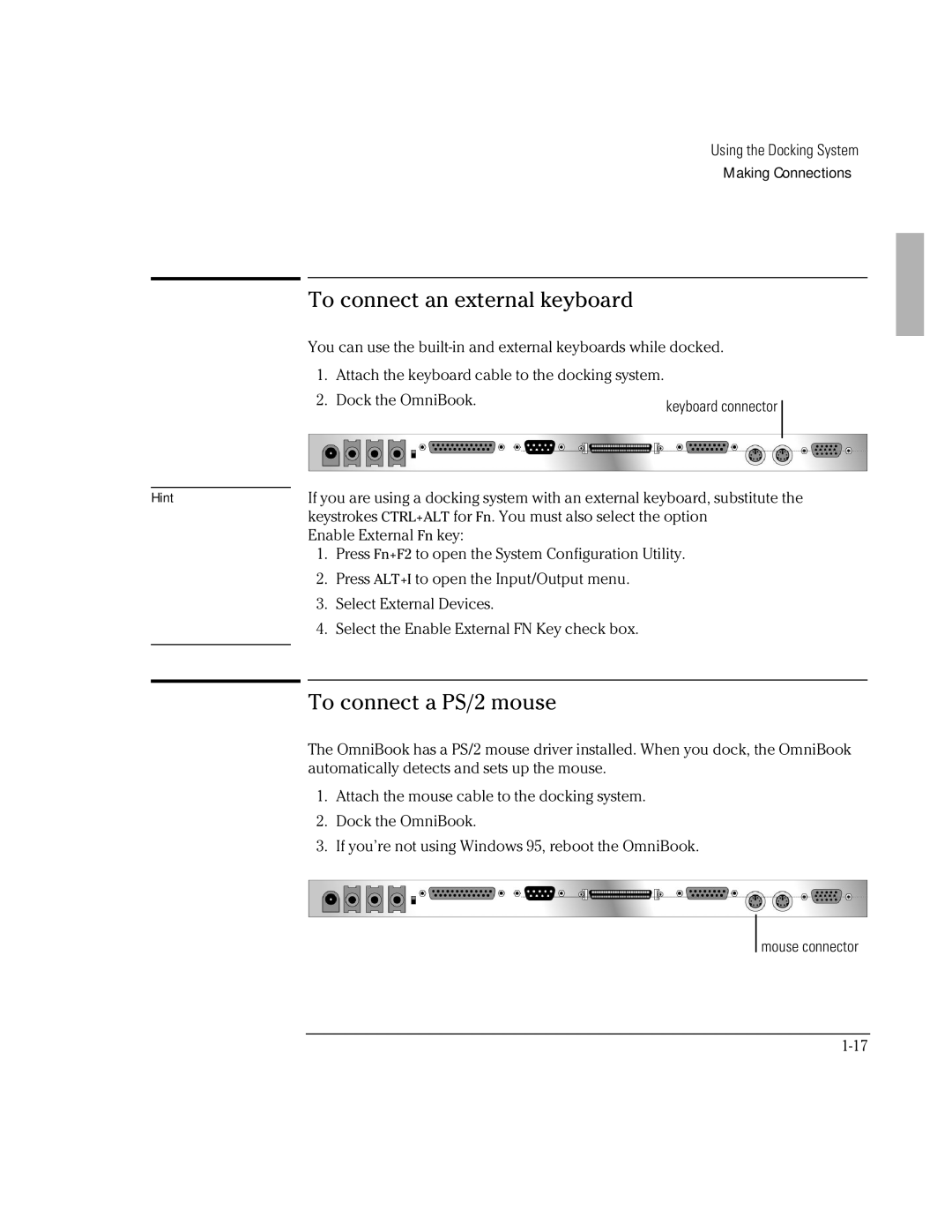 HP Docking System manual To connect an external keyboard, To connect a PS/2 mouse 