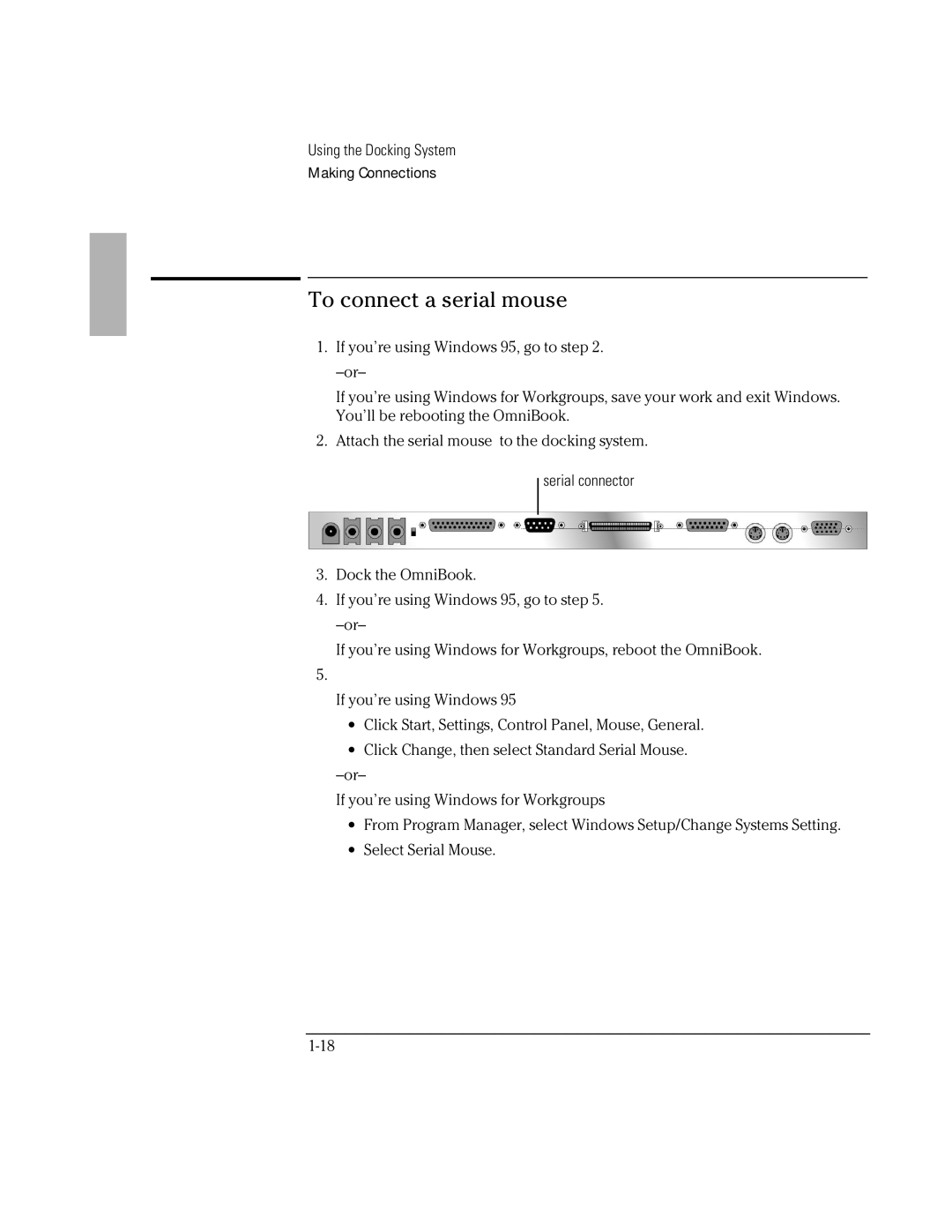 HP Docking System manual To connect a serial mouse, Serial connector 