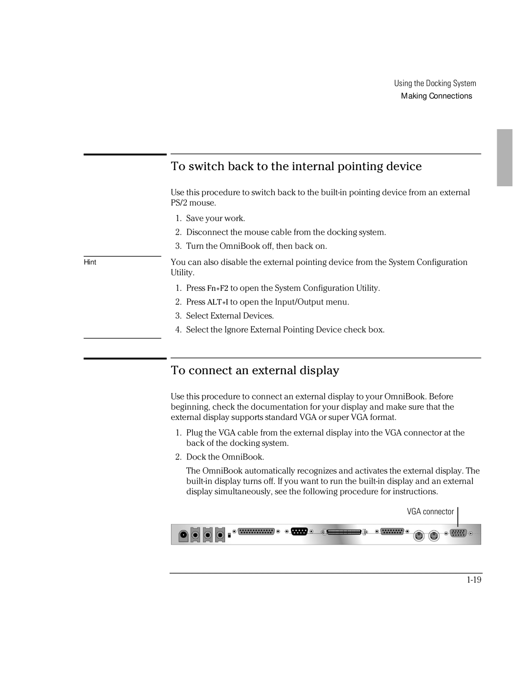 HP Docking System manual To switch back to the internal pointing device, To connect an external display 