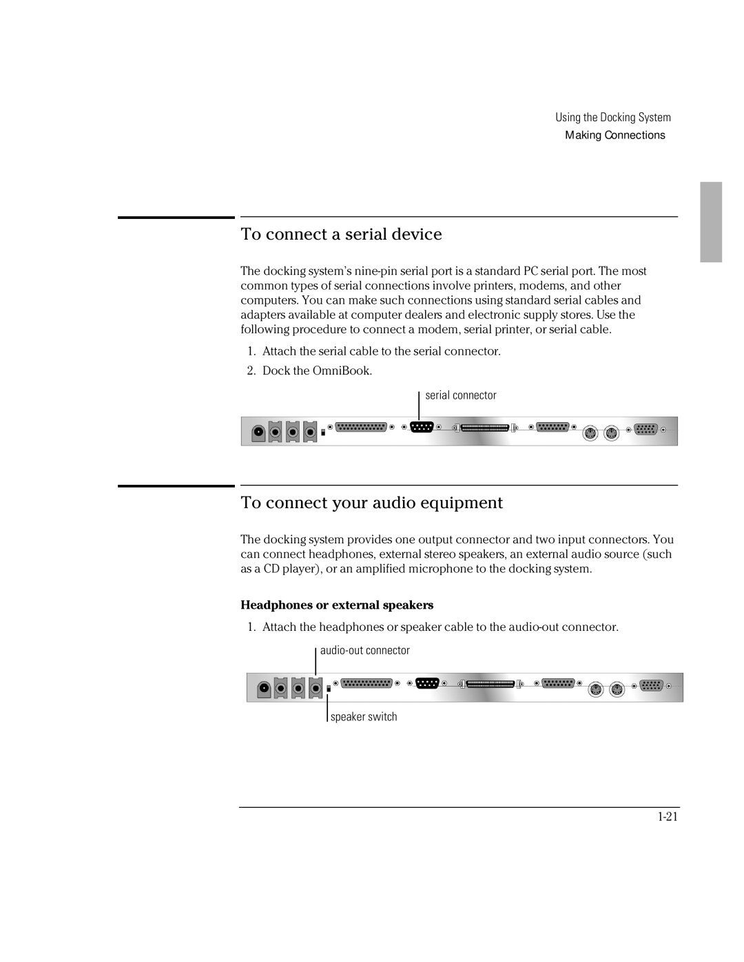 HP Docking System manual To connect a serial device, To connect your audio equipment, Headphones or external speakers 