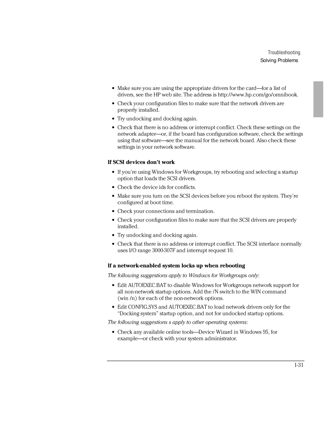 HP Docking System manual If Scsi devices don’t work, If a network-enabled system locks up when rebooting 