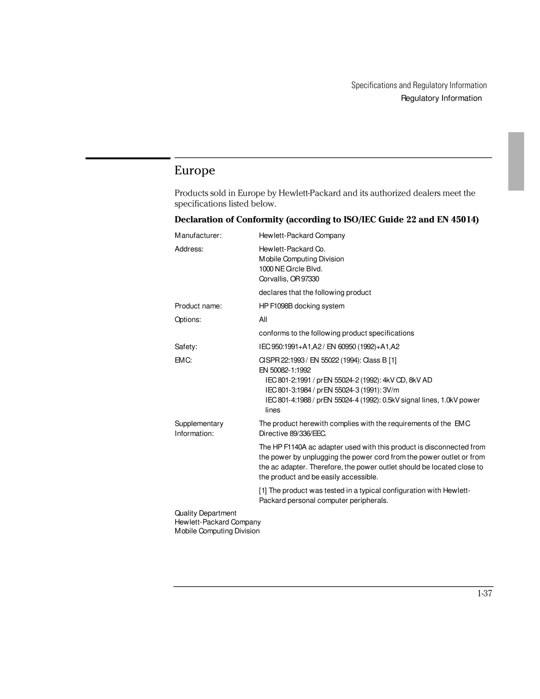 HP Docking System manual Europe, Emc 