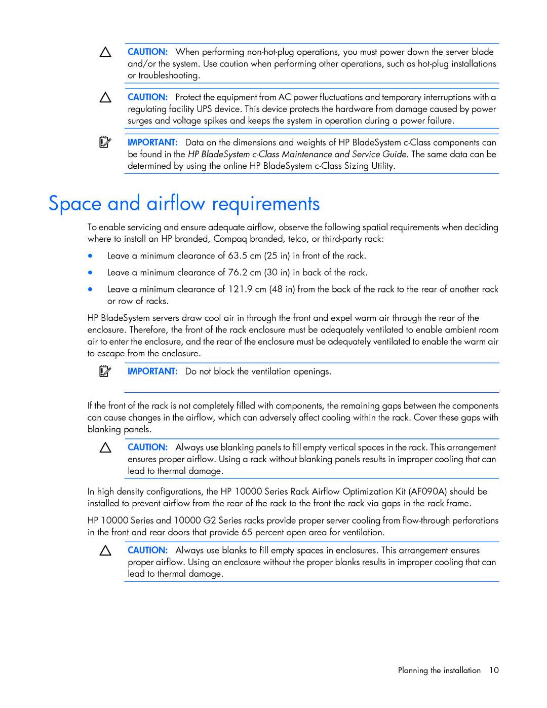 HP Doll c7000 manual Space and airflow requirements 