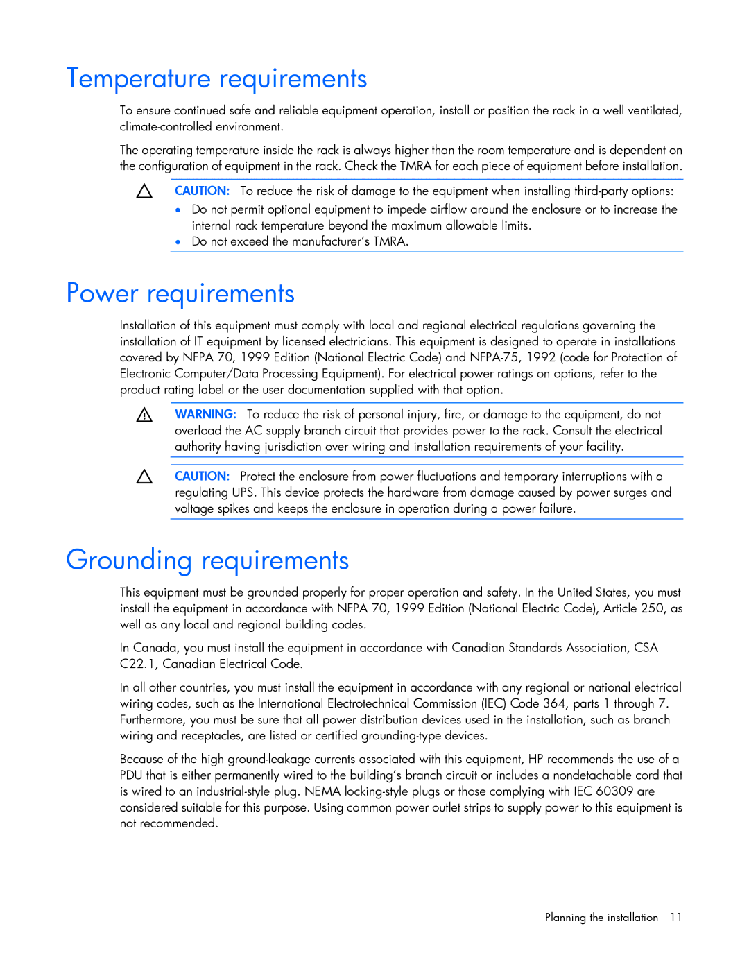 HP Doll c7000 manual Temperature requirements, Power requirements, Grounding requirements 