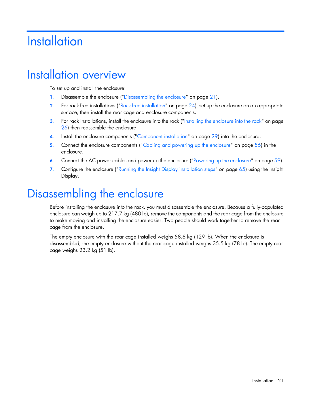 HP Doll c7000 manual Installation overview, Disassembling the enclosure 