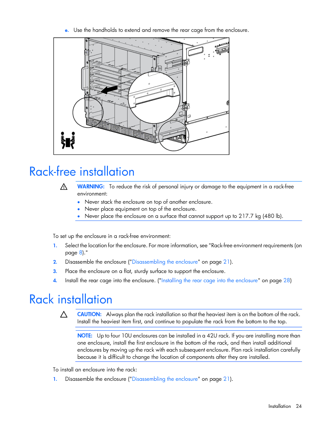 HP Doll c7000 manual Rack-free installation, Rack installation 