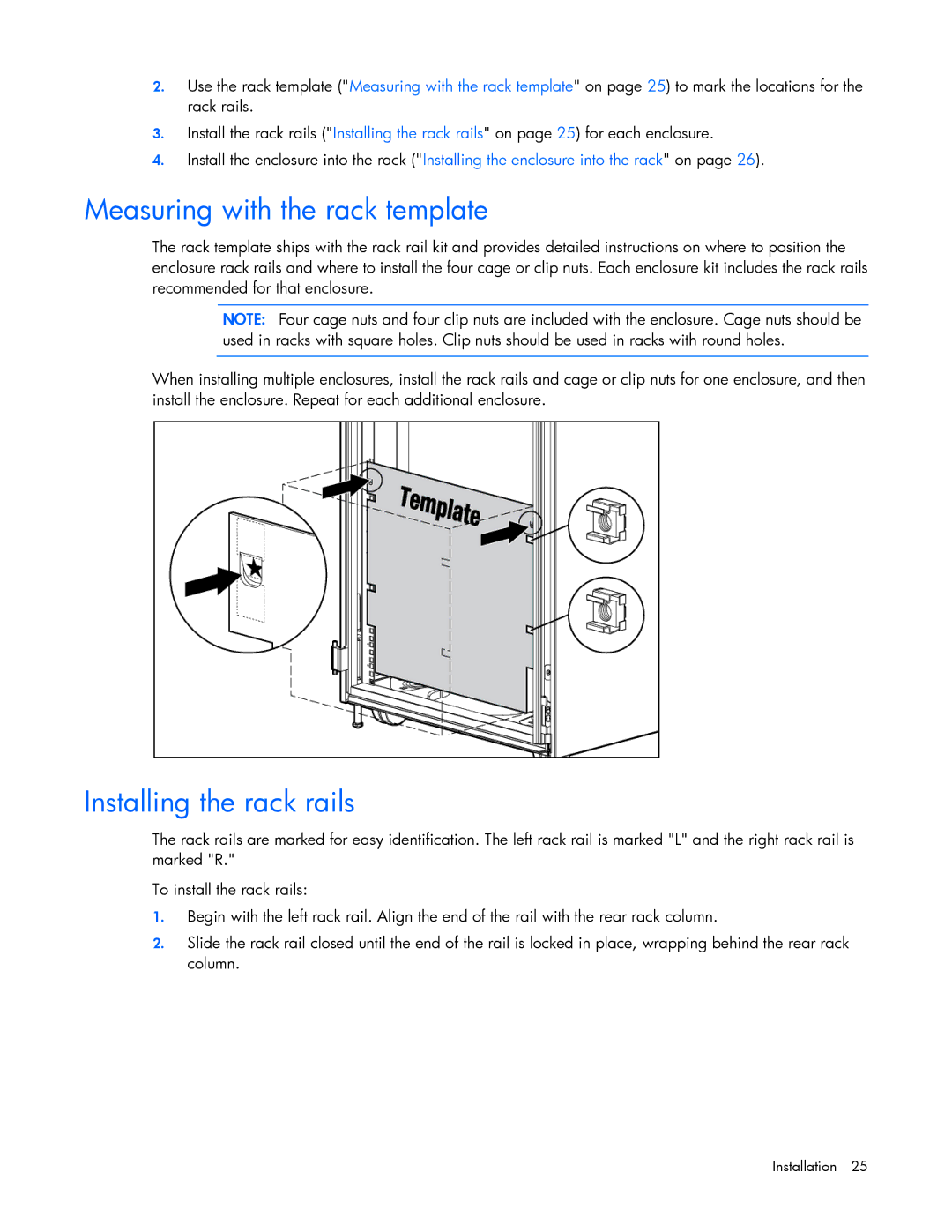 HP Doll c7000 manual Measuring with the rack template, Installing the rack rails 