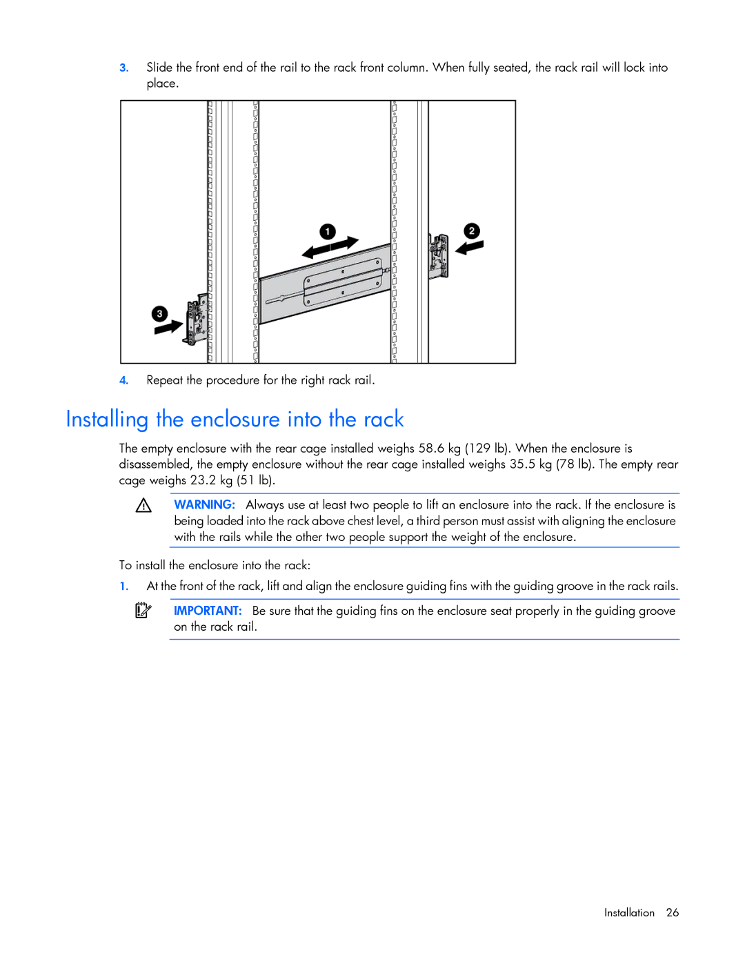 HP Doll c7000 manual Installing the enclosure into the rack 