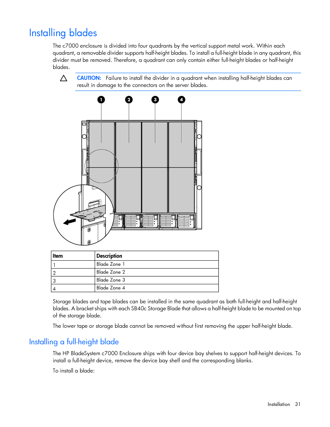 HP Doll c7000 manual Installing blades, Installing a full-height blade 