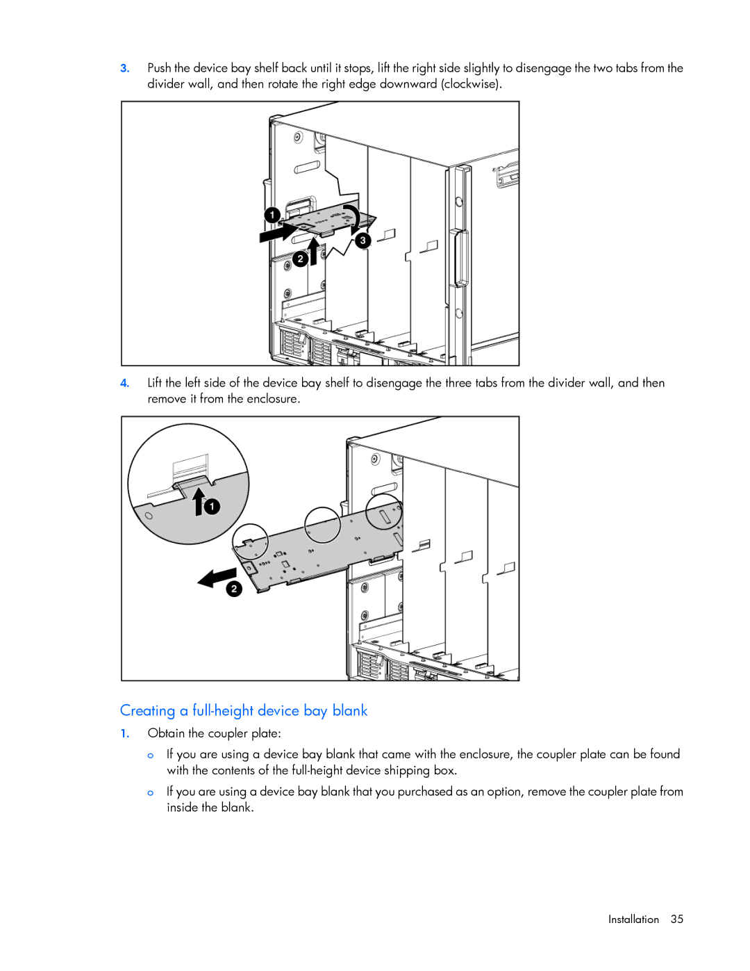 HP Doll c7000 manual Creating a full-height device bay blank 