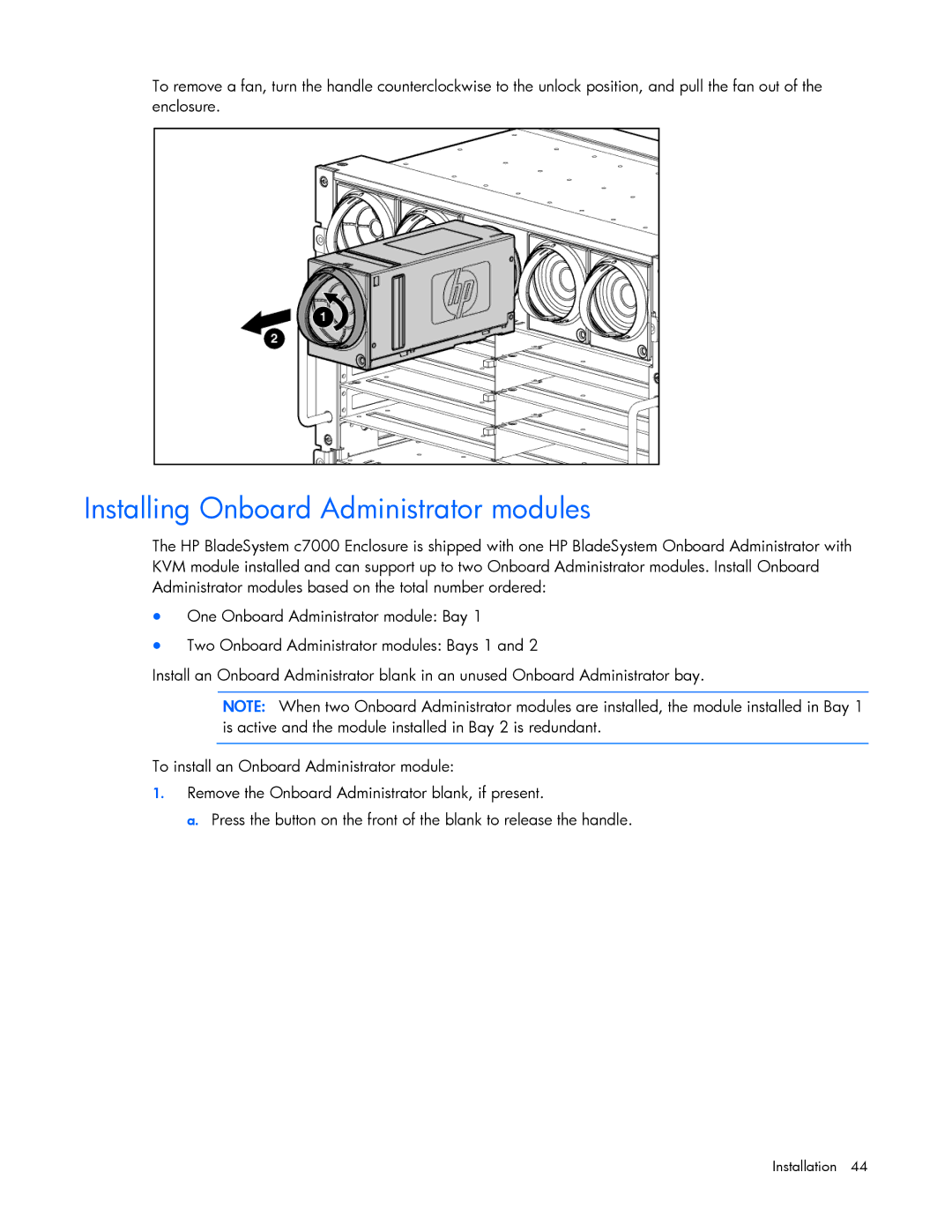 HP Doll c7000 manual Installing Onboard Administrator modules 