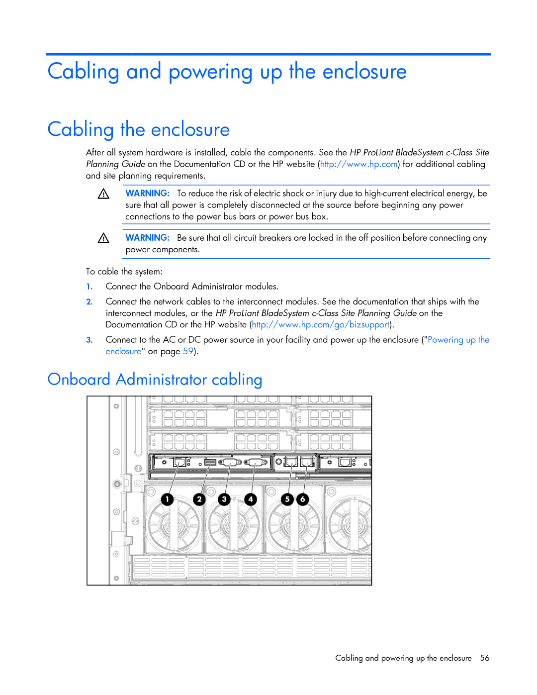 HP Doll c7000 manual Cabling and powering up the enclosure, Cabling the enclosure, Onboard Administrator cabling 