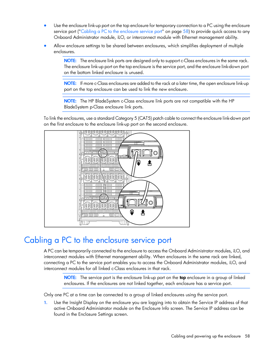 HP Doll c7000 manual Cabling a PC to the enclosure service port 