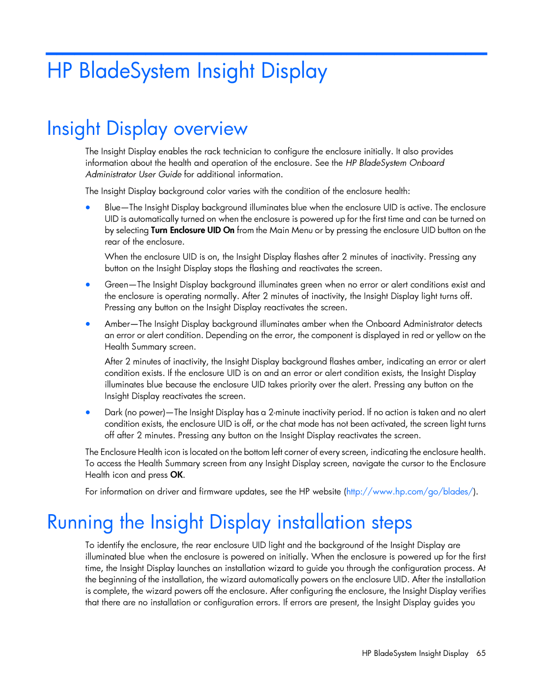 HP Doll c7000 HP BladeSystem Insight Display, Insight Display overview, Running the Insight Display installation steps 