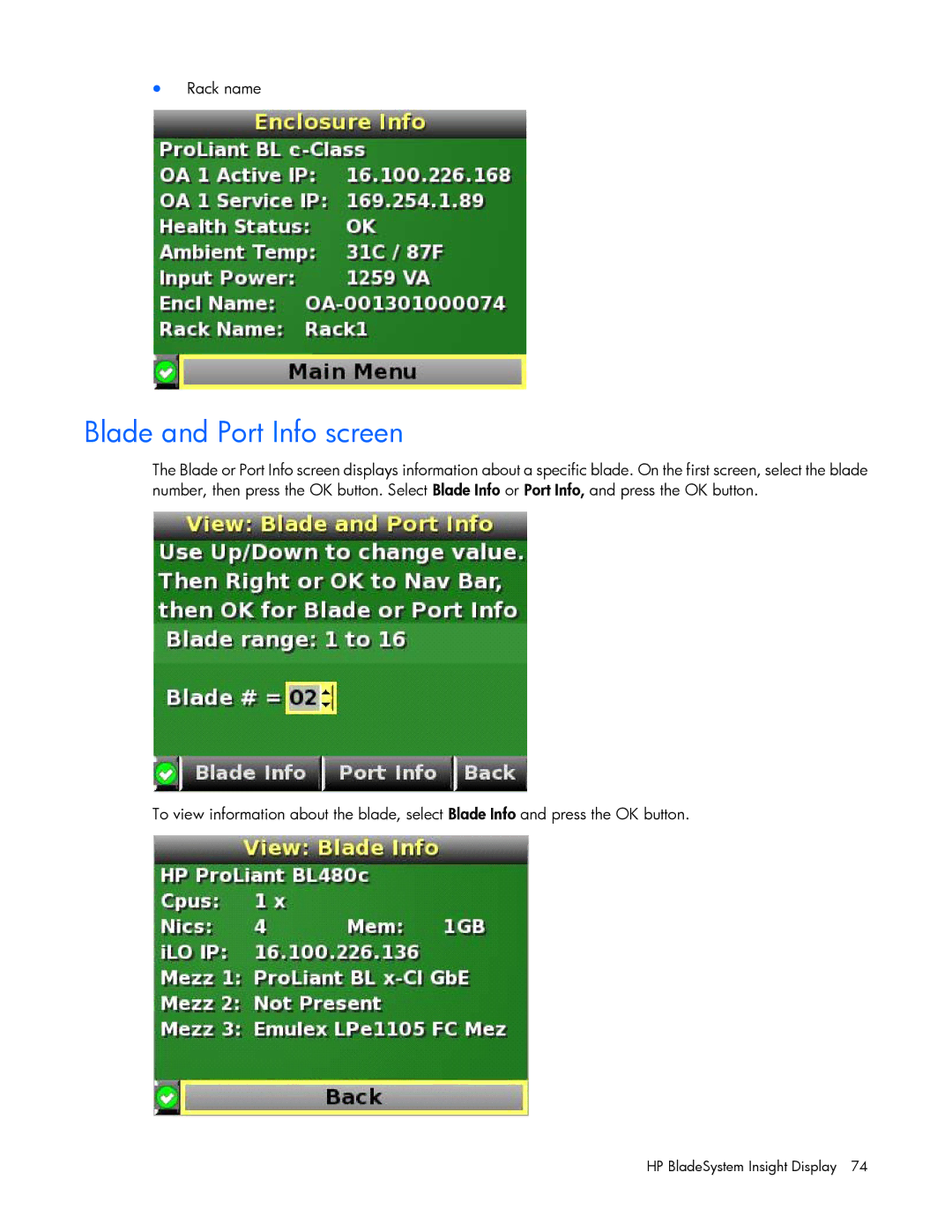 HP Doll c7000 manual Blade and Port Info screen 