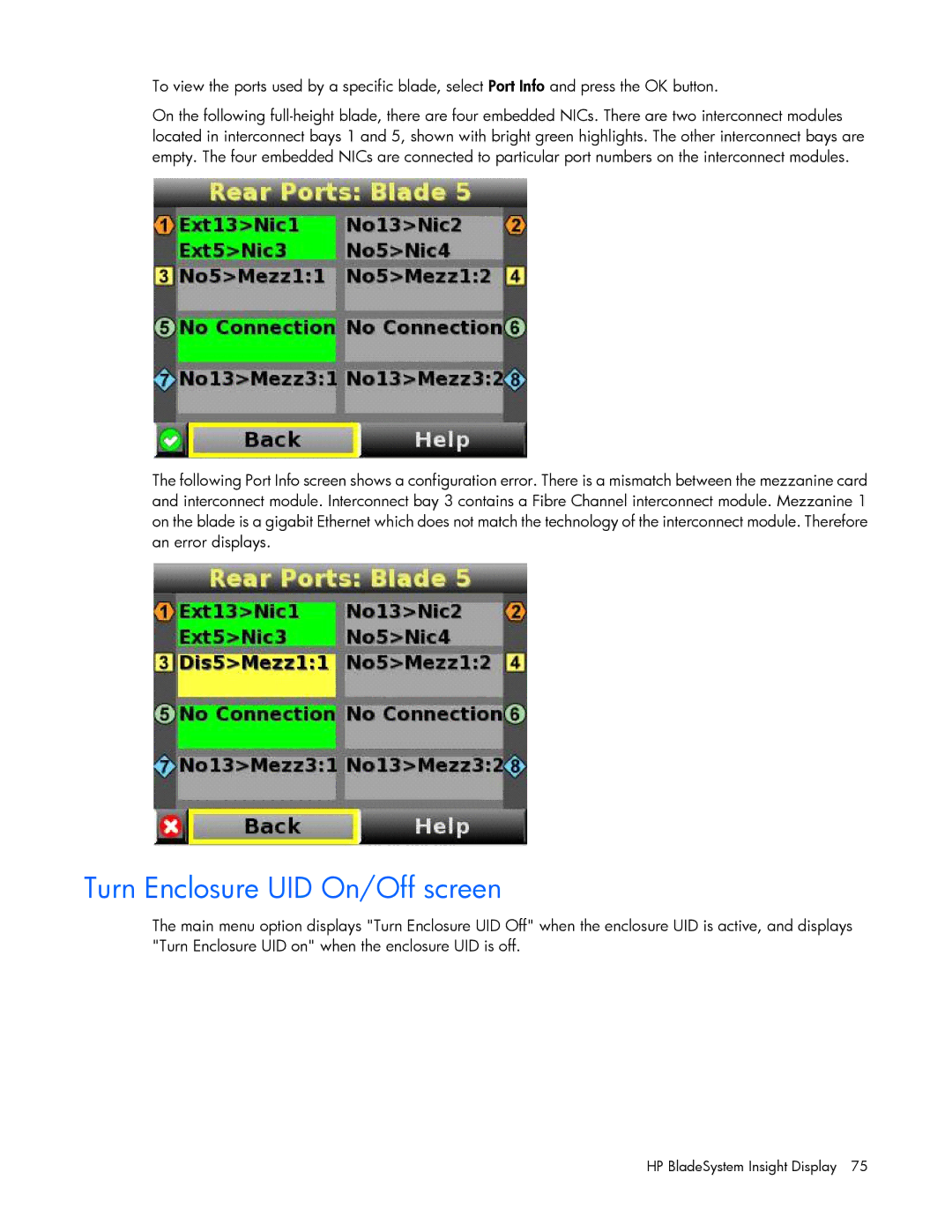 HP Doll c7000 manual Turn Enclosure UID On/Off screen 