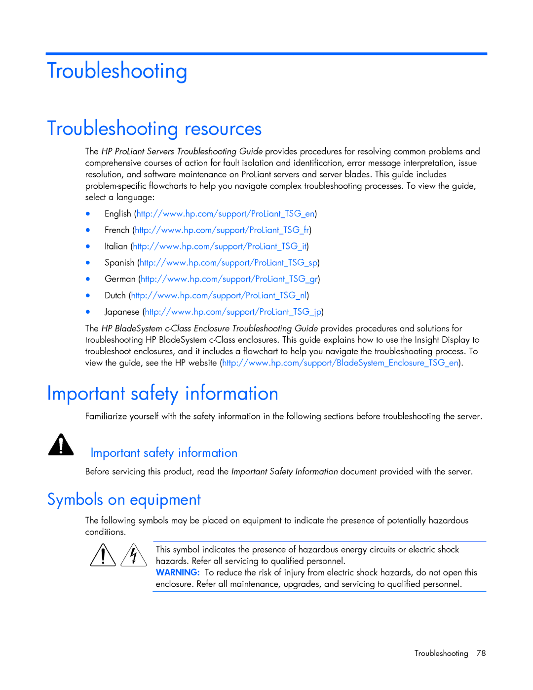 HP Doll c7000 manual Troubleshooting resources, Important safety information, Symbols on equipment 