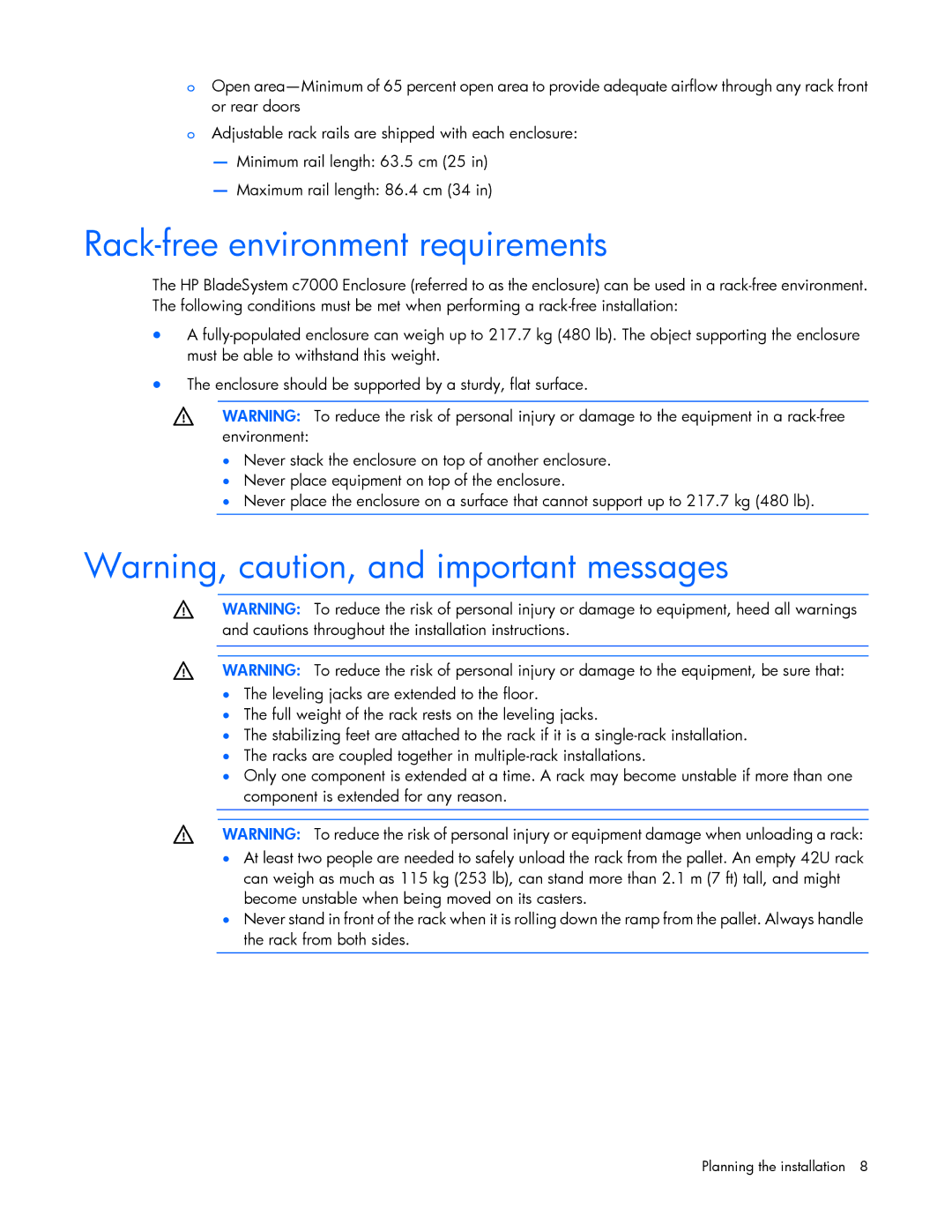 HP Doll c7000 manual Rack-free environment requirements 