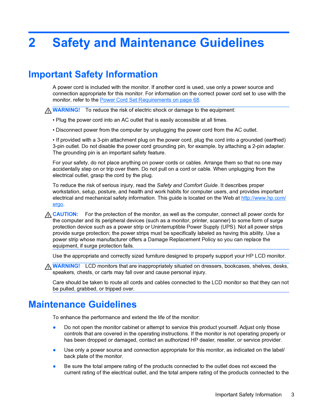 HP DreamColor Z27x Professional Display manual Safety and Maintenance Guidelines, Important Safety Information 