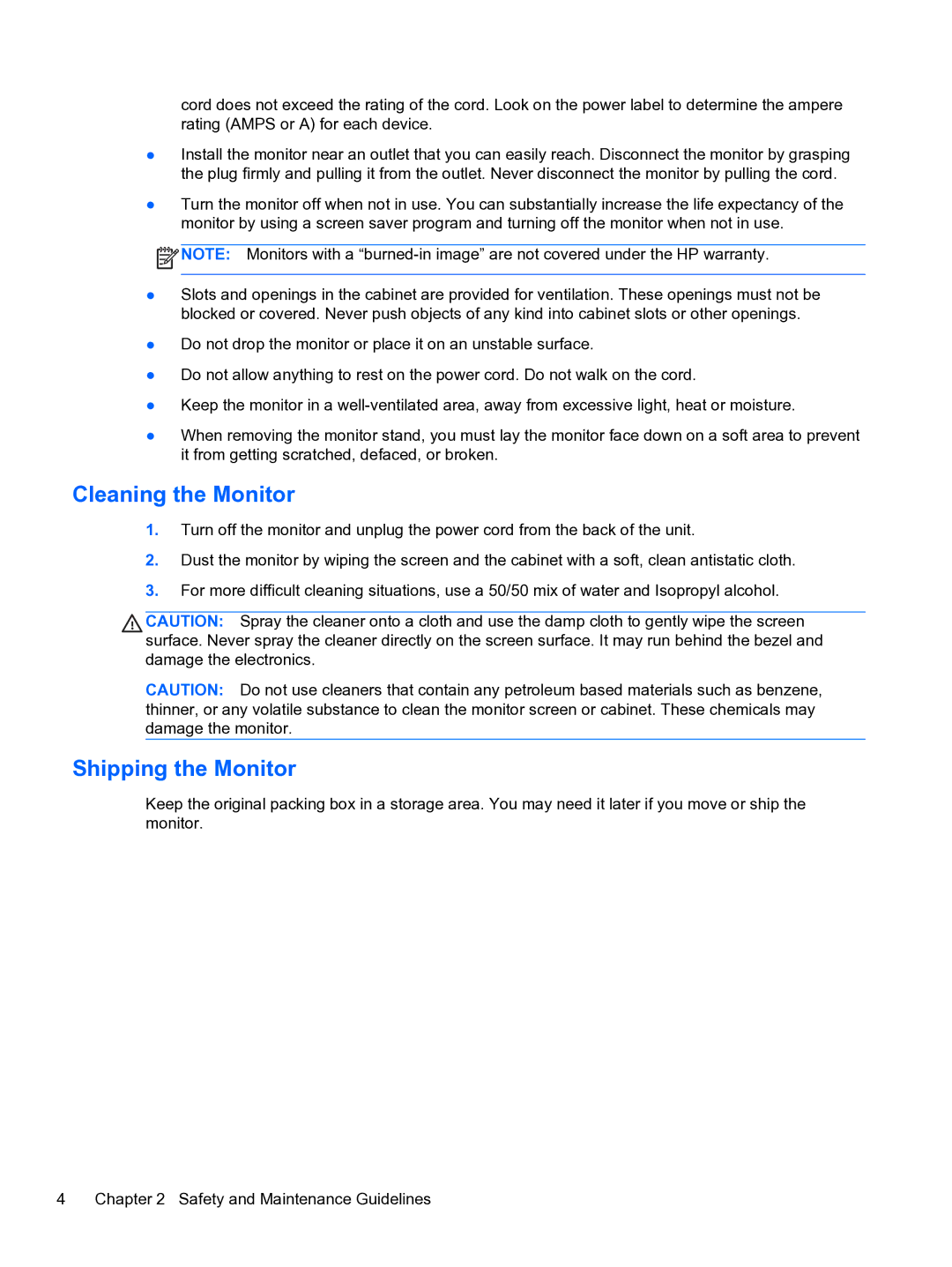 HP DreamColor Z27x Professional Display manual Cleaning the Monitor, Shipping the Monitor 