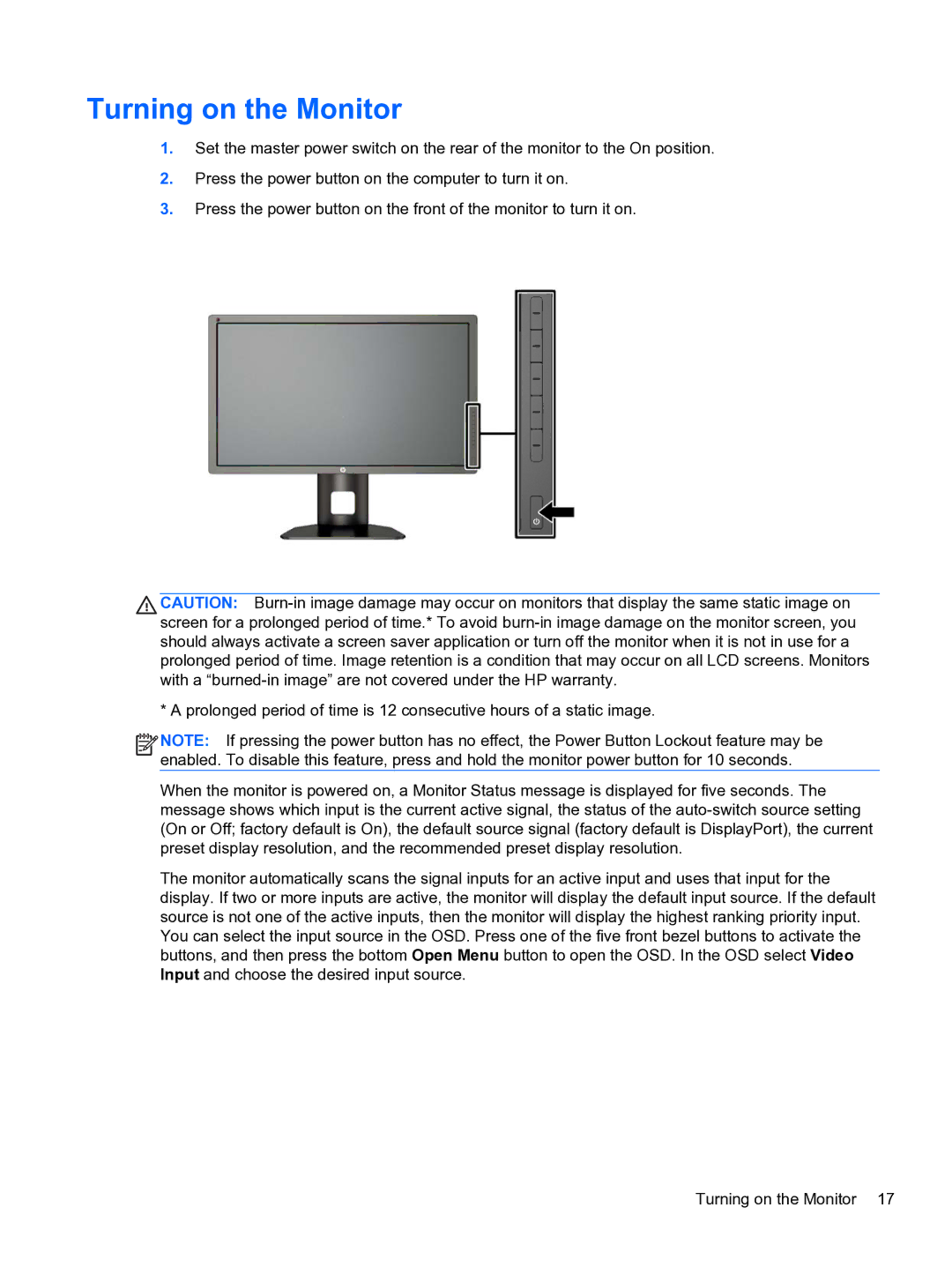 HP DreamColor Z27x Professional Display manual Turning on the Monitor 