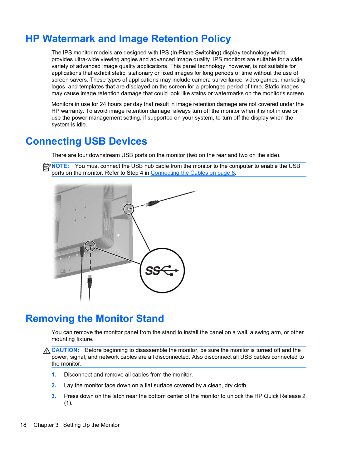 HP DreamColor Z27x Professional Display manual HP Watermark and Image Retention Policy, Connecting USB Devices 